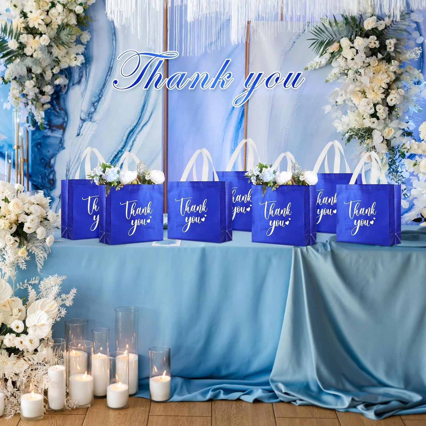 Sweetude 30 Pcs Thank You Gift Bags with Handles Bulk Reusable Goodie Bag Non Woven Foldable Handbag for Graduation Wedding Bridesmaid Gifts(11 x 12 x 5 Inch,Royal Blue)