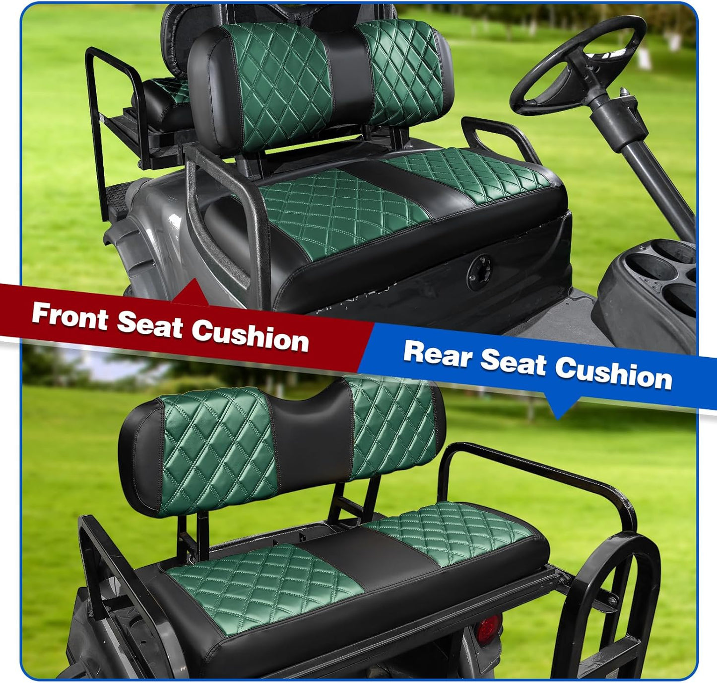 NOKINS 4PCS Golf Cart Seat Covers Kit, Front and Rear Seat Covers Fits YAMAHA/G29/Drive2 Standard Seat Cushion, Yamaha Vinyl Diamond Replacement Seat Covers, No Stapler (Dark Green&Black)