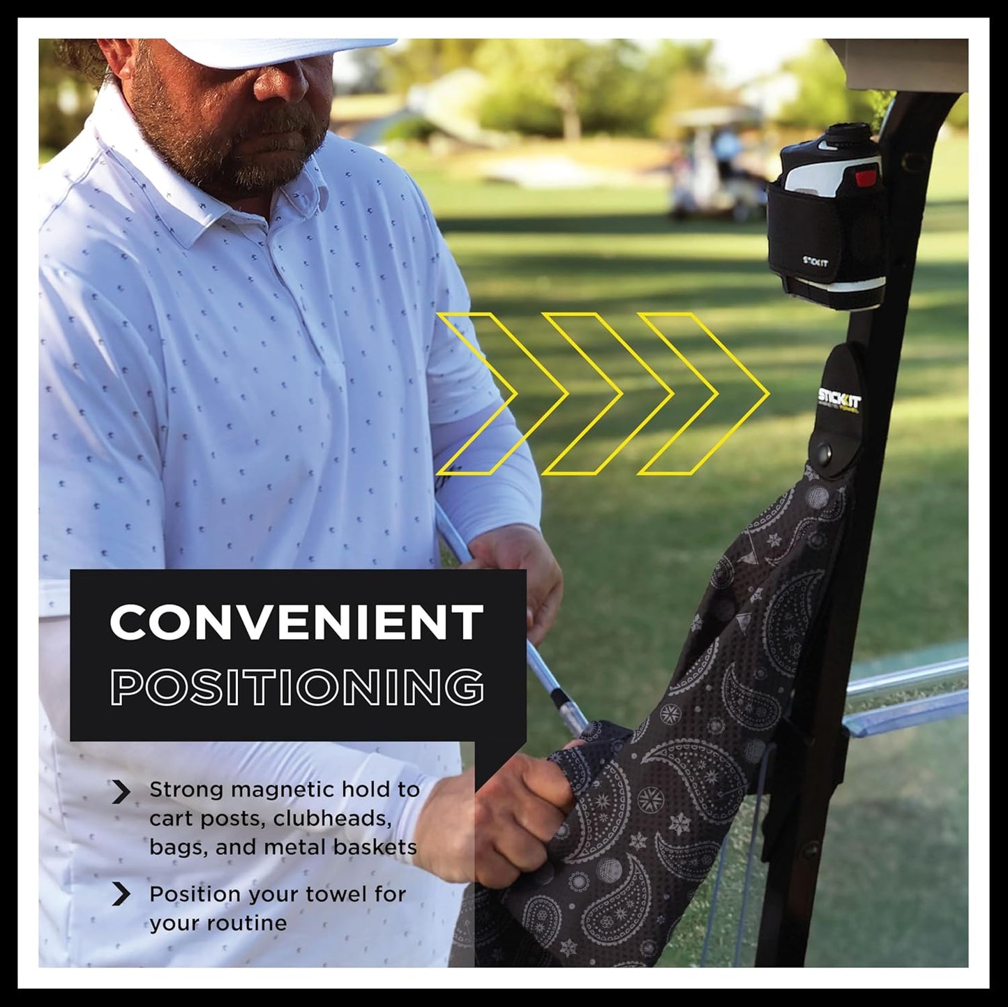 STICKIT Magnetic Golf Towel, Black Paisley | Top-Tier Microfiber Golf Towel with Deep Waffle Pockets | Industrial Strength Magnet for Strong Hold to Golf Carts or Clubs