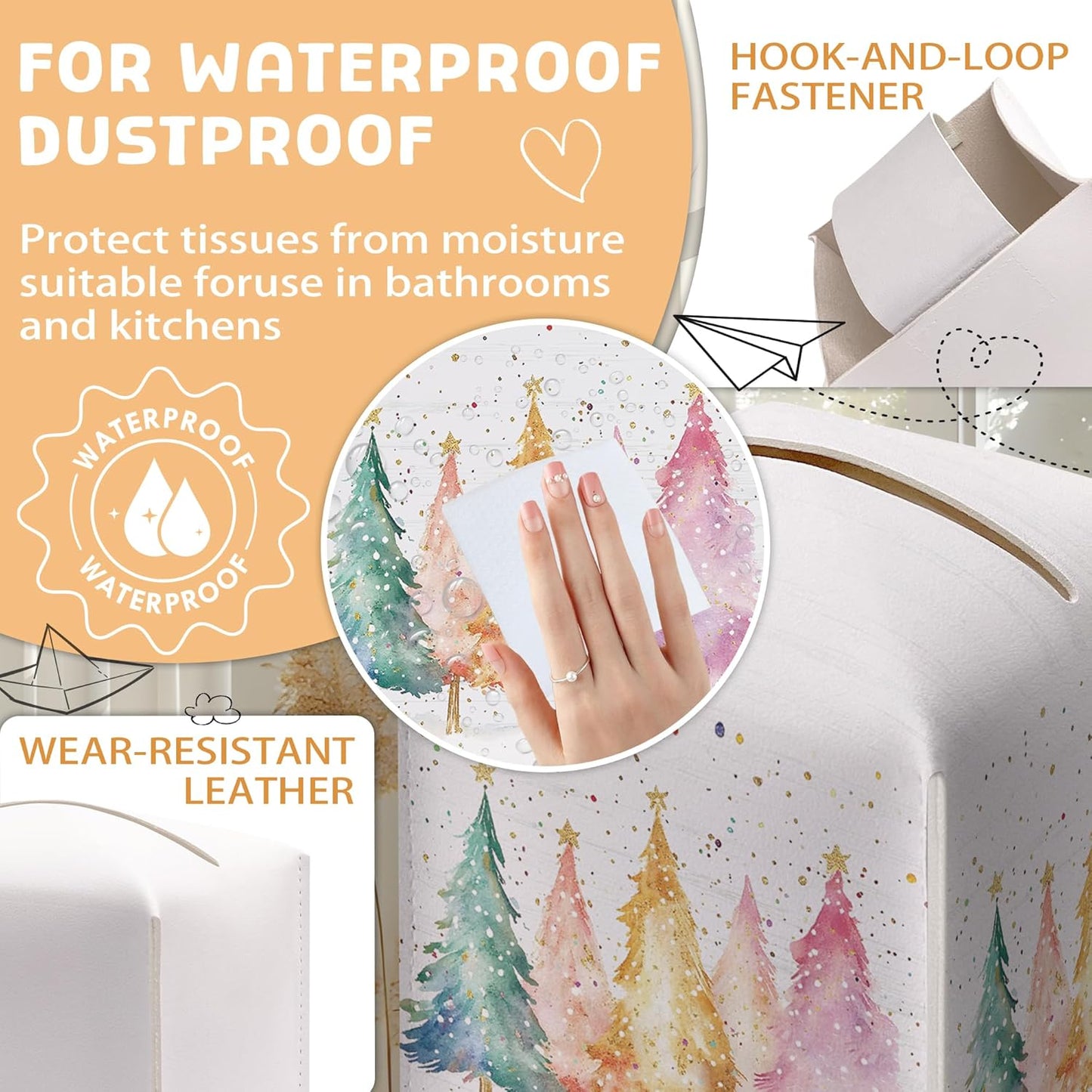 Christmas Tissue Box Holder, Colorful Christmas Tree Leather Tissue Box Cover Square, Paper Facial Decorative Tissues Cover for Night Stands Bathroom Kitchen Office Car Home Decor-B18