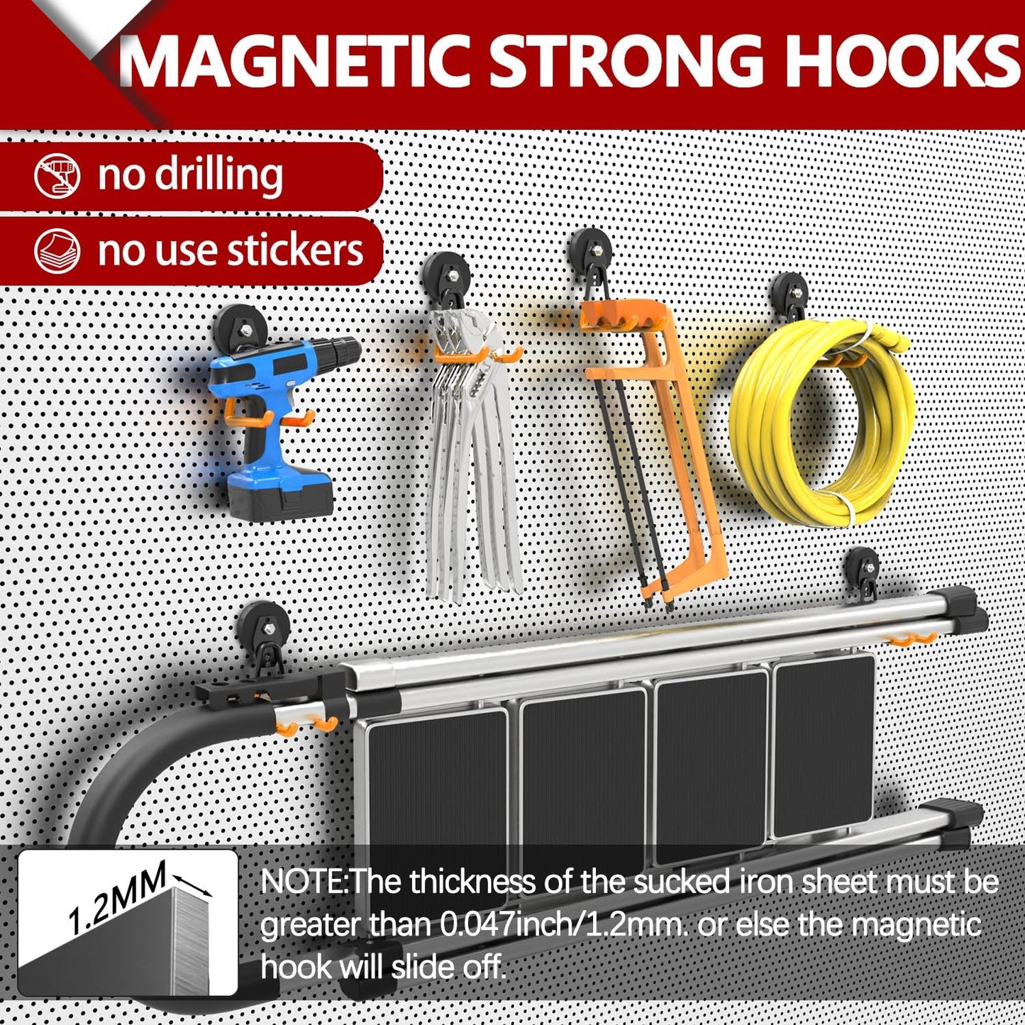 3-H Heavy Duty Magnet Garage Hooks 4 Pack, Extra Large Strong Magnetic Hooks for Hanging Cordless Power Drill, Utility Magnetic Tool Holder for Metal Cabinet, Steel Pegboard, Toolbox, Garage(Orange)