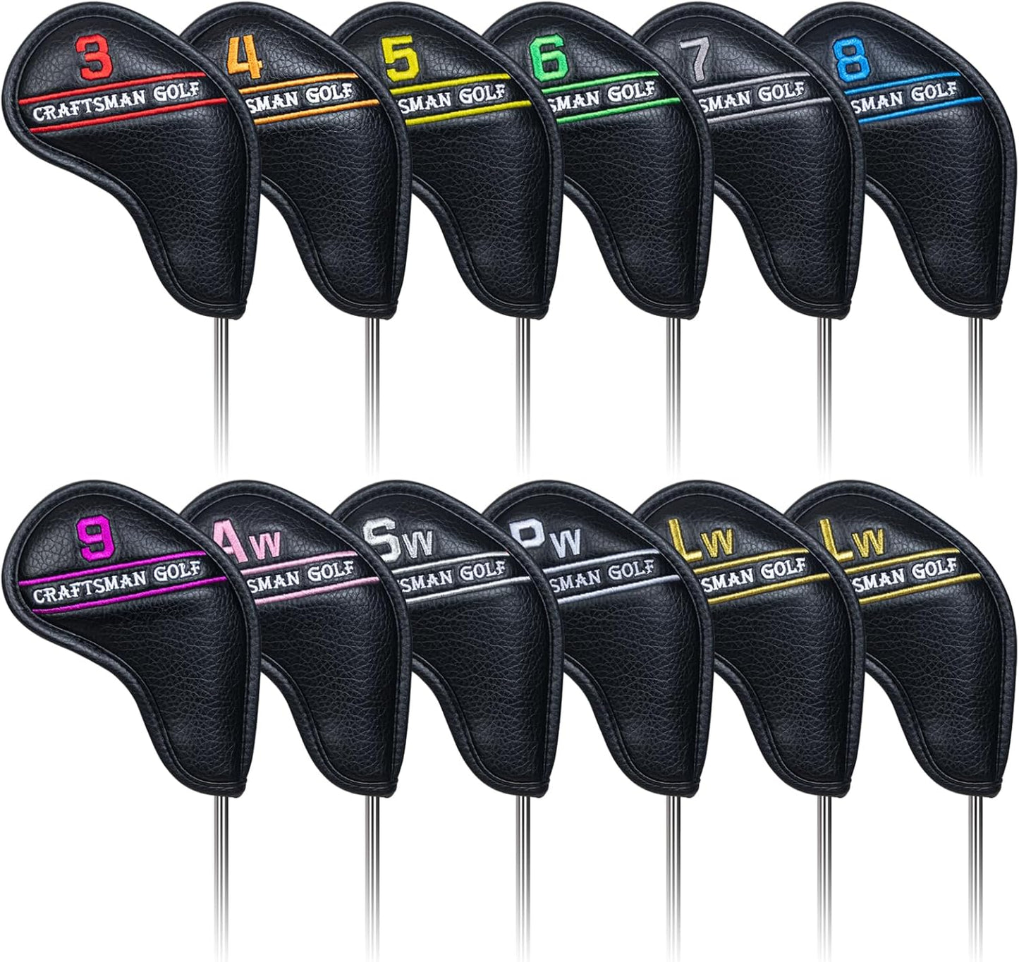 CRAFTSMAN GOLF 12pcs or 1pc Black Leather Golf Iron Head Covers Set Headcover Colorful Number Embroideried for Callaway Ping Taylormade Cobra Also Custom Version w/Your Name