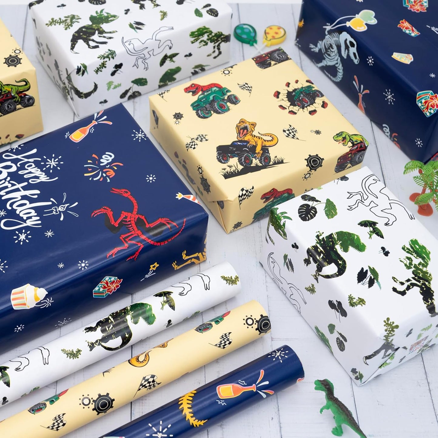 Vnaaem Dinosaur Wrapping Paper Rolls with Cutlines on Reverse - 3 Rolls Birthday Gift Wrap for Kids Boys Girls Dinosaur Party Birthday Gift Wrapping Holiday(17 Inches X 120 Inches)