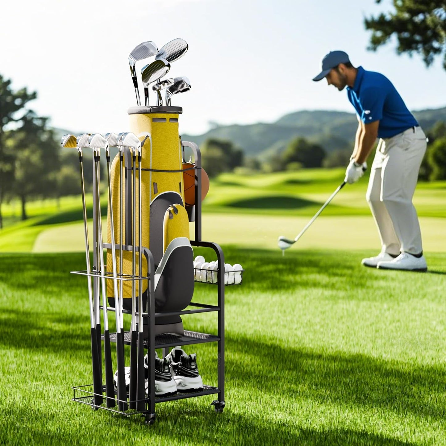 niffgaff Golf Bag Organizer Golfing Storage Stand for Garage Golf Bags Golfing Rack with Wheels Black