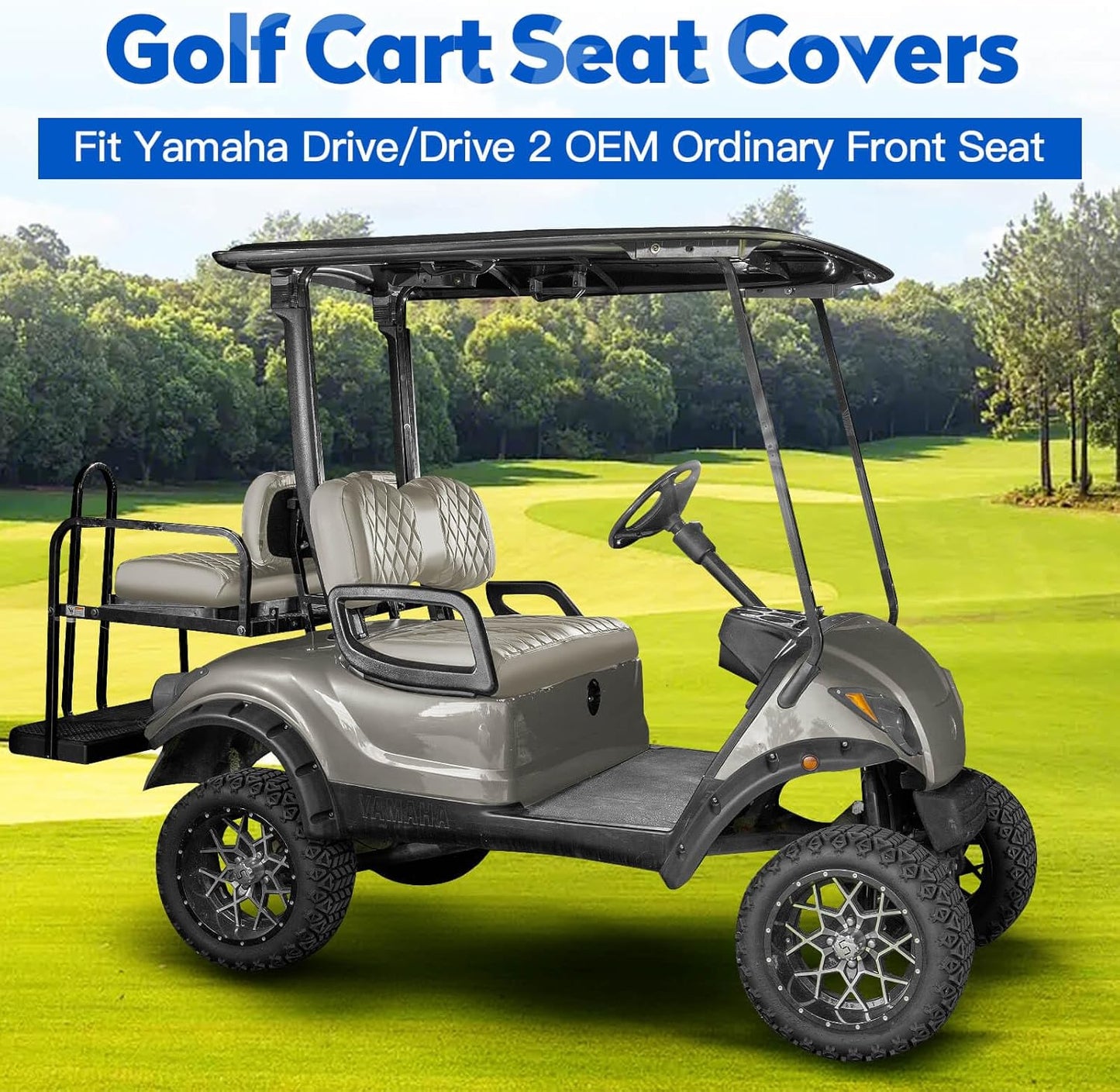 NOKINS 4PCS Golf Cart Seat Covers Kit, Front and Rear Seat Covers Fits YAMAHA/G29/Drive2 Standard Seat Cushion, Yamaha Vinyl Diamond Replacement Seat Covers, No Stapler(Oyster Gray)