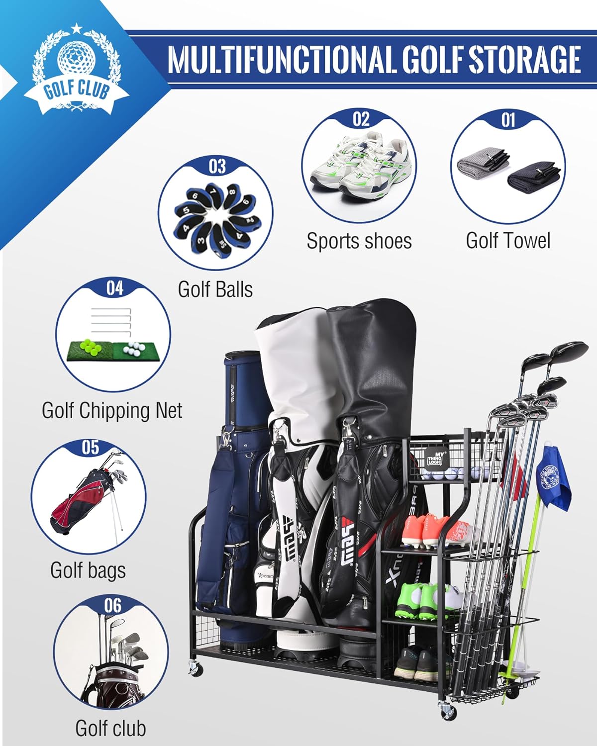 Mythinglogic Golf Storage Garage Organizer, Golf Bag Storage Stand and Other Golfing Equipment Rack, Extra Storage Rack for Golf Clubs
