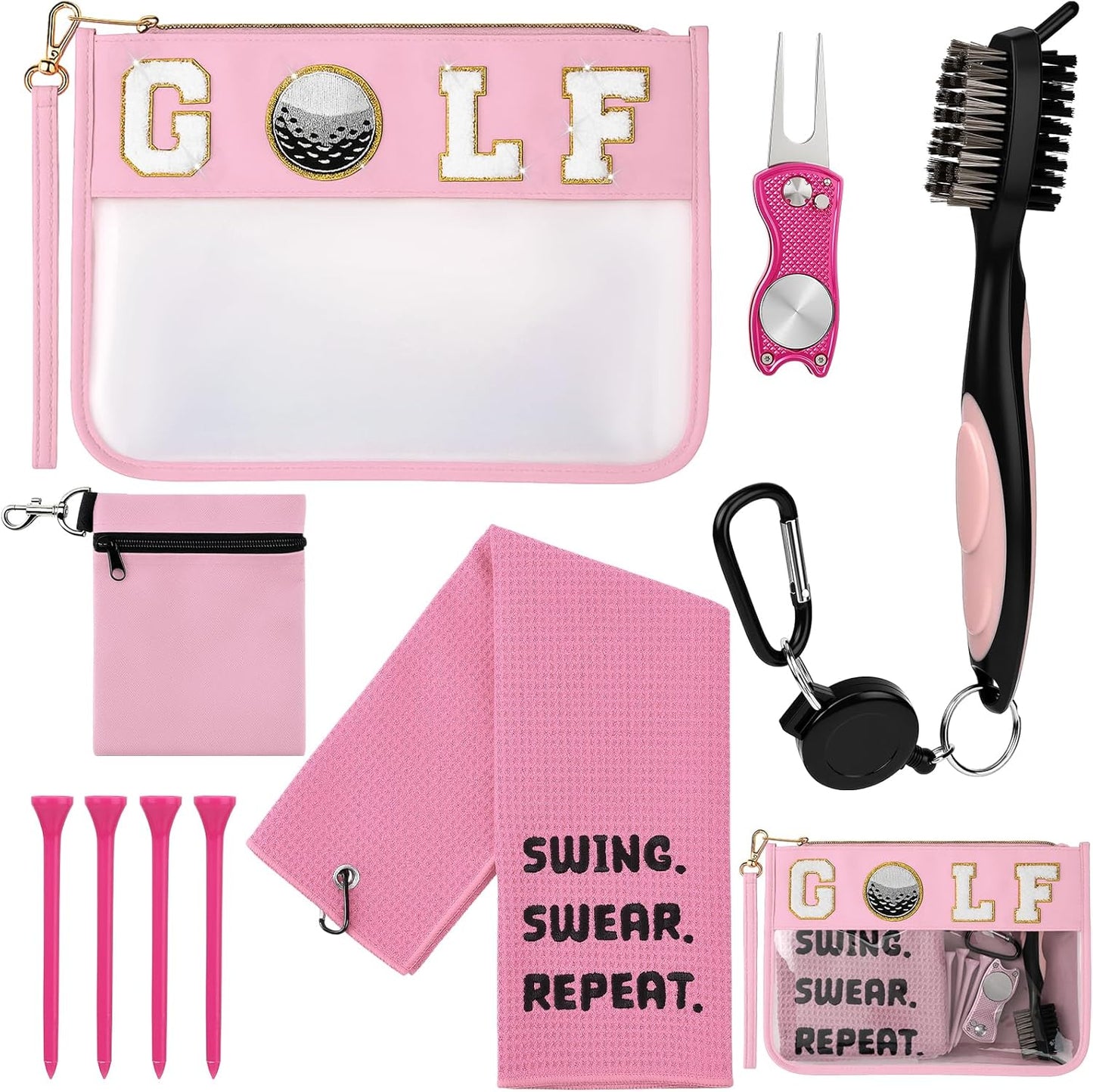 9 Pcs Golf Accessories Kit Included Golf Tees Towel Divot Tool Cleaner Brush Ball Bag PVC Makeup Bag with Chenille Letter Patch for Women Men Christmas Birthday Retirement Gifts