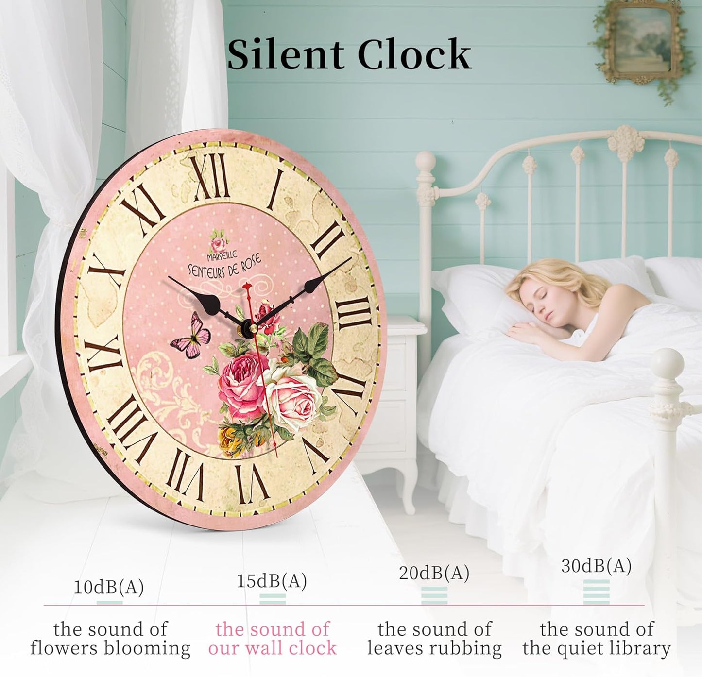 VIKMARI Home 14 Inch Battery Operated Silent Non-Ticking Vintage Wall Clock Design Wooden Round Roman Numerals Indoor Clocks Rose Pink Style Wall Clocks
