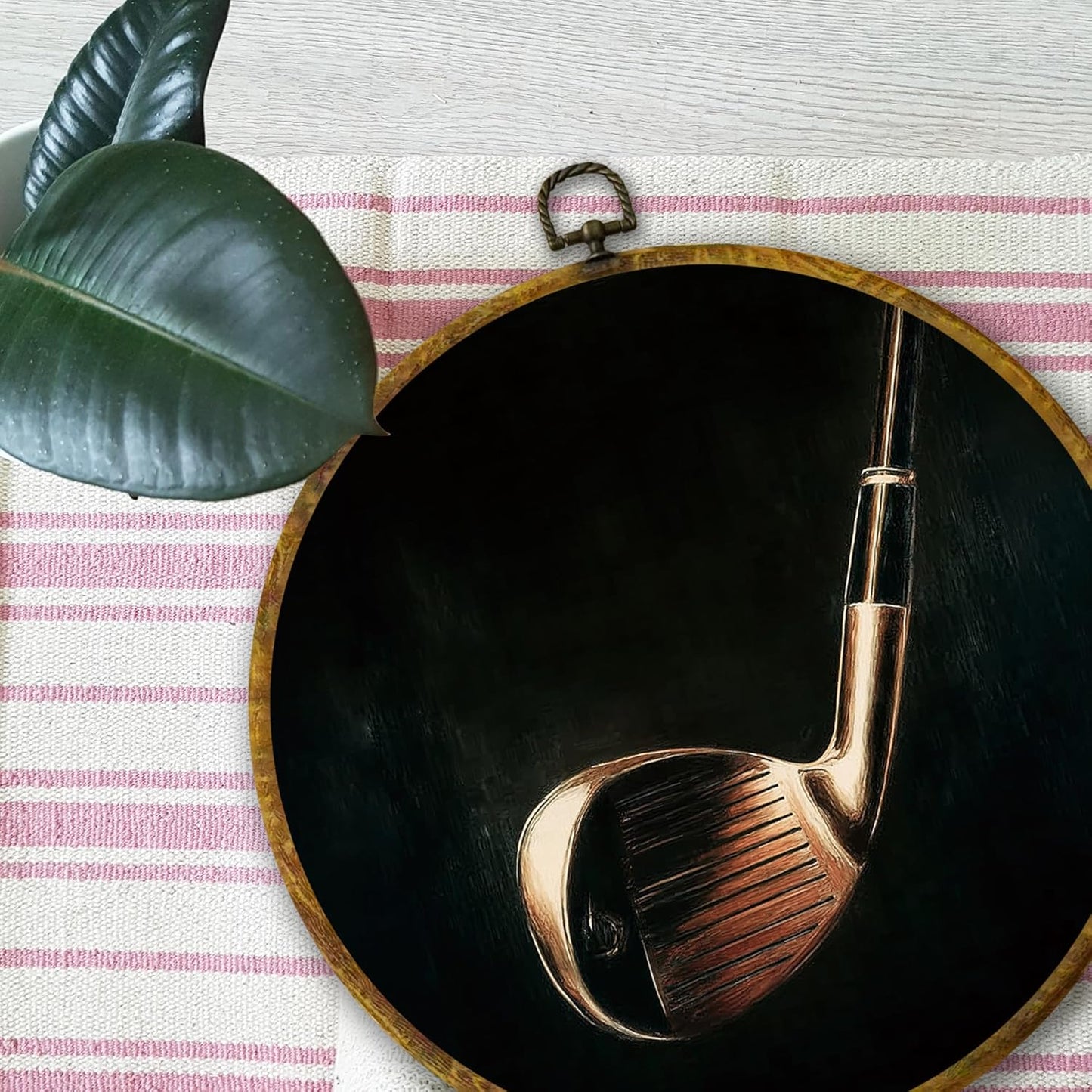 Vintage Golf Wall Art Decor, Golf Lover Gifts Framed Canvas Prints 10x10, Rustic Retro Classic Black Gold Golfing Pole Round Wall Hanging Artwork Decorations for Home Bedroom Gym Man Cave