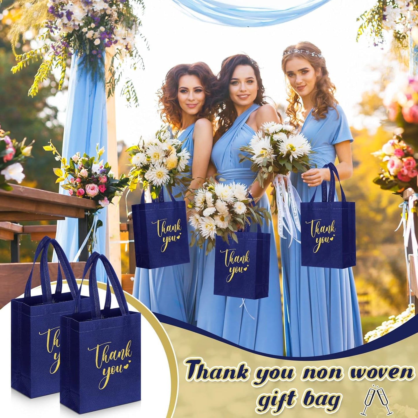 Sweetude 30 Pcs Thank You Gift Bags with Handles Bulk Reusable Goodie Bag Non Woven Foldable Handbag for Graduation Wedding Bridesmaid Gifts(10 x 8 x 4 Inch,Navy Blue)
