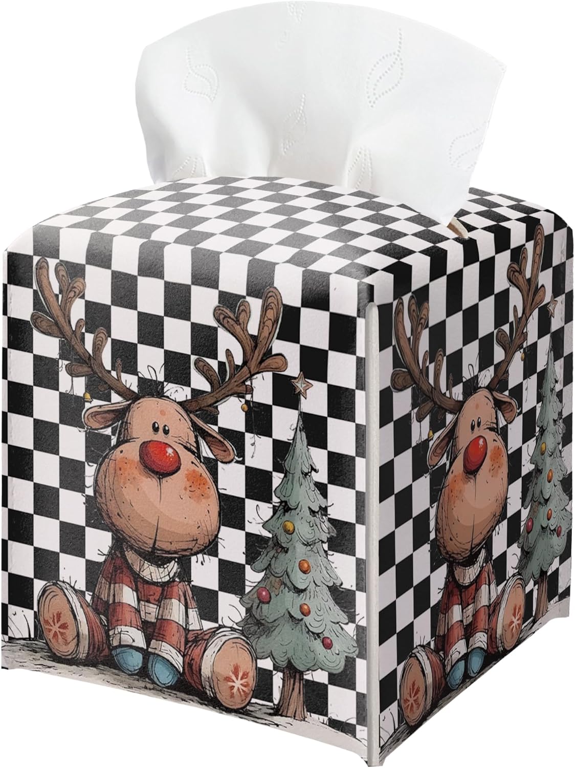 Black and White Checkered Tissue Box Holder, Watercolor Christmas Reindeer Leather Tissue Box Cover Square, Paper Facial Decorative Tissues Cover for Night Stands Bathroom Office Home Decor-B06