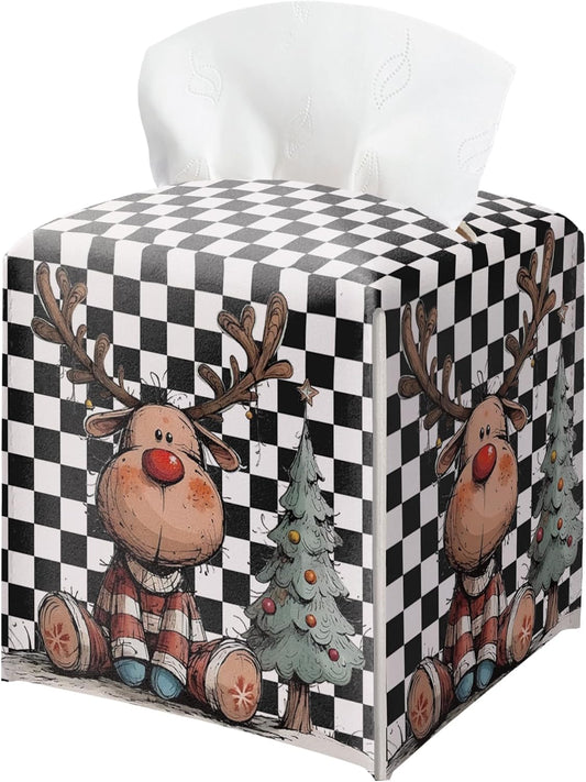 Black and White Checkered Tissue Box Holder, Watercolor Christmas Reindeer Leather Tissue Box Cover Square, Paper Facial Decorative Tissues Cover for Night Stands Bathroom Office Home Decor-B06
