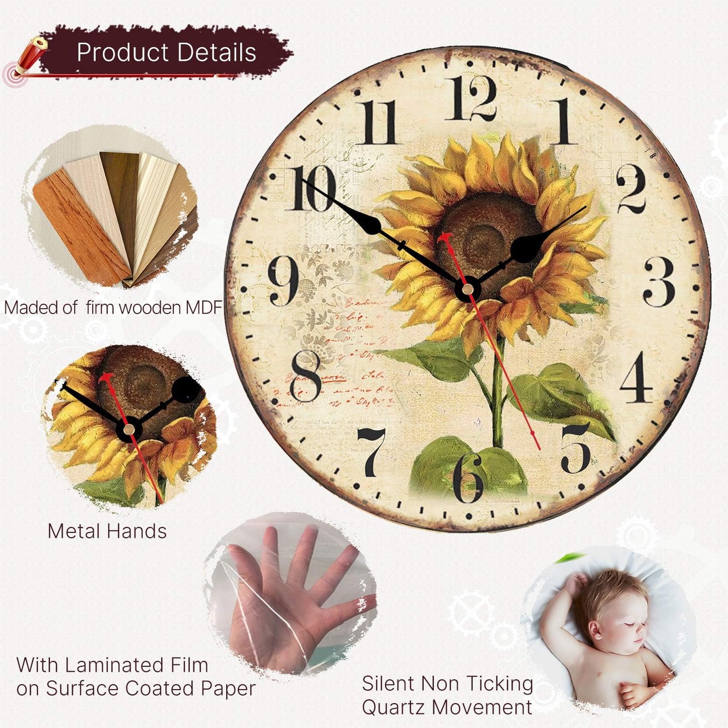 VIKMARI Art Decorative Arabic Numeral Wooden Wall Clock Battery Operated Quartz Silent Round Clocks 14 Inch Sunflower Hanging Clock for Bedroom,Dining Room,Office and Living Room