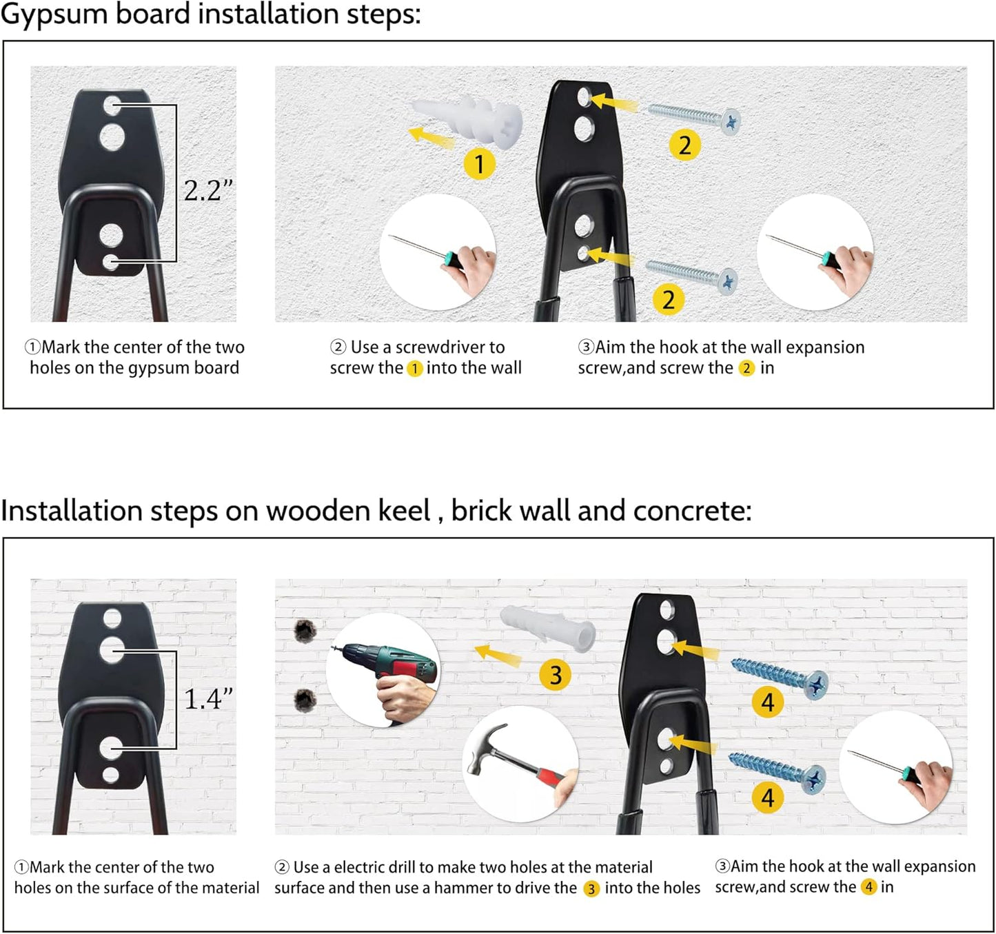 WMK Garage Hooks 4 Pack Wall Storage Hooks Heavy Duty Steel Tool Hangers for Utility Organizer, Wall Mount Holders for Garden Lawn Tools, Ladders, Bike (Black)