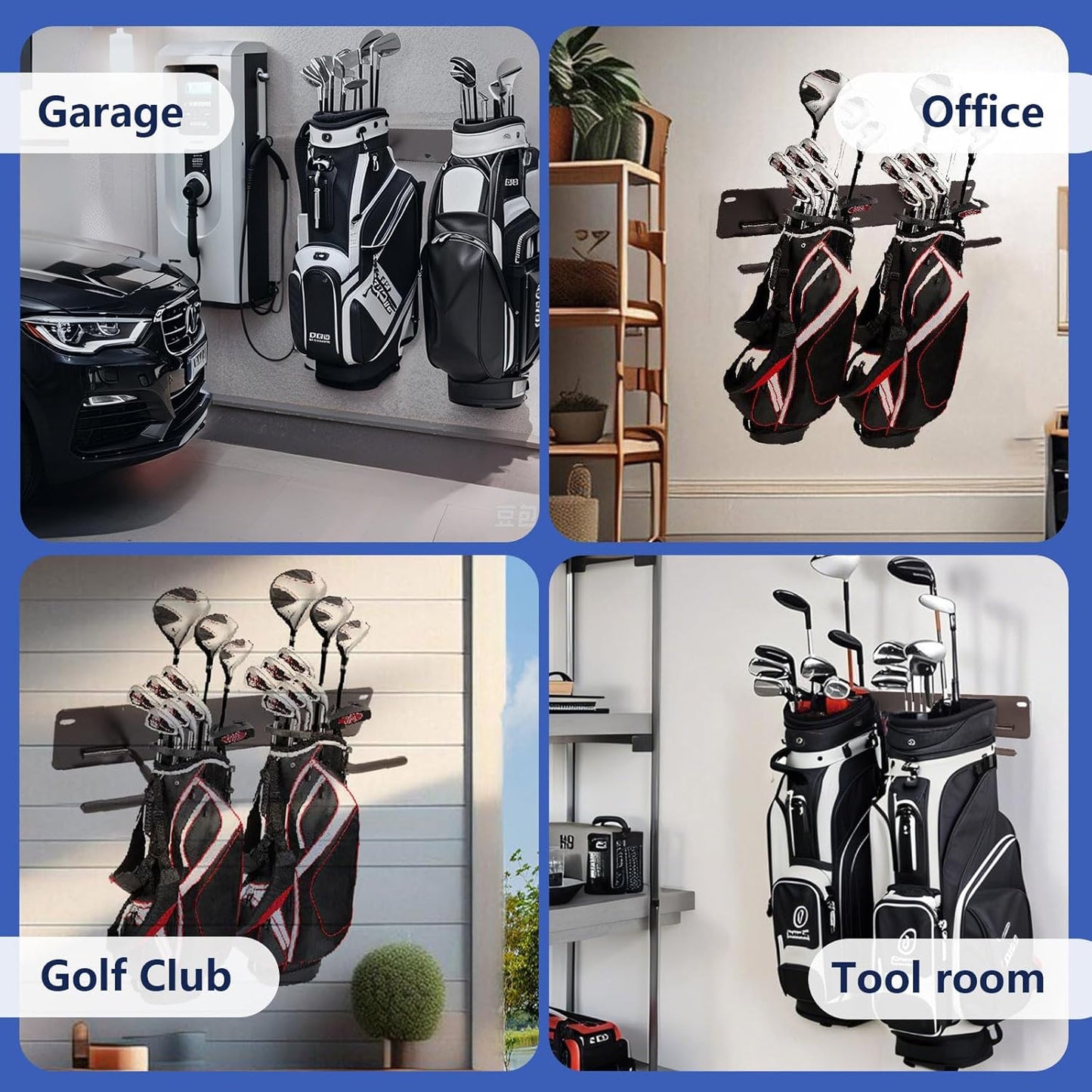 Golf Bag Wall Mount Holder-Golf Bag Holder for Garage,Golf Bag Storage Rack with PVC Rubber Hooks,Heavy Duty Rack with Spray & Dip Coating Finish