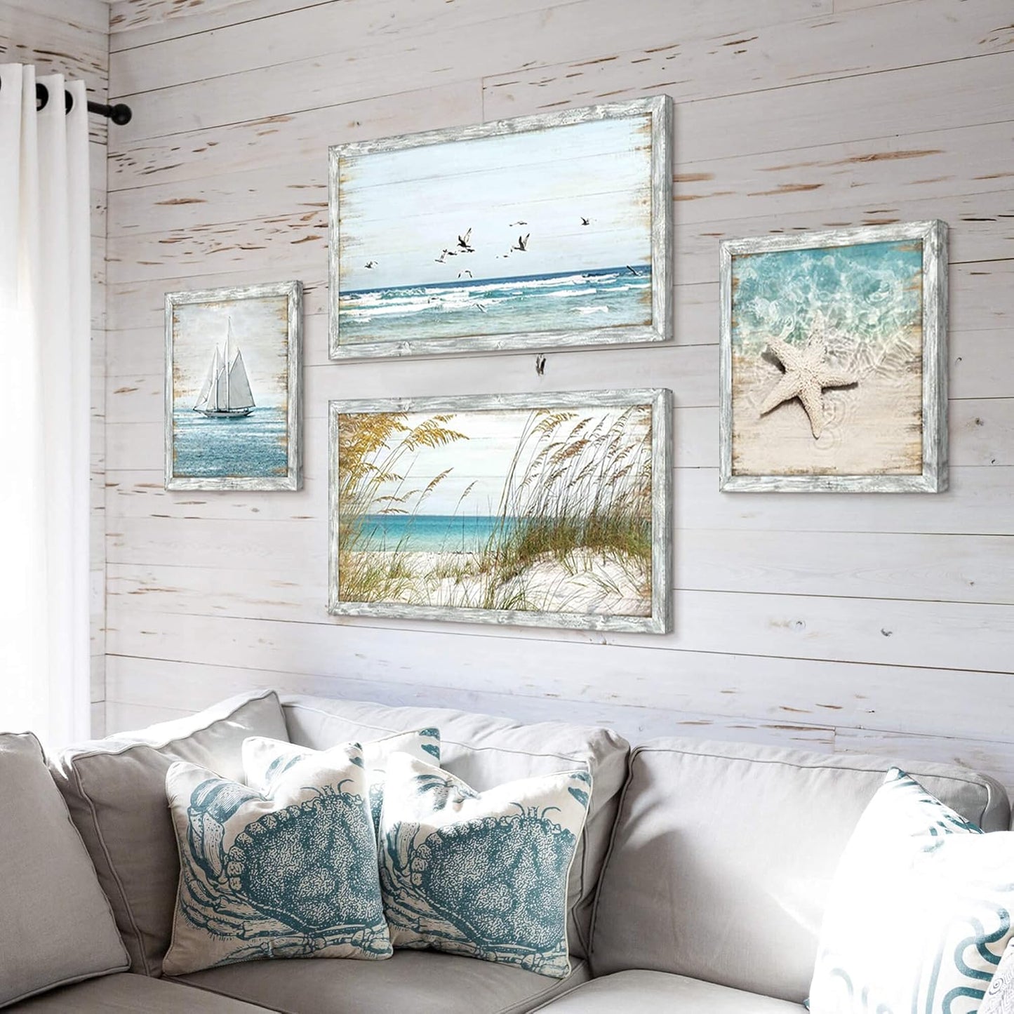 Coastal Framed Wooden Wall Art: Beach Art Ocean Prints Set of 4 Starfish Pictures Seascape Artwork for Living Room Overall 48"W x 32"H