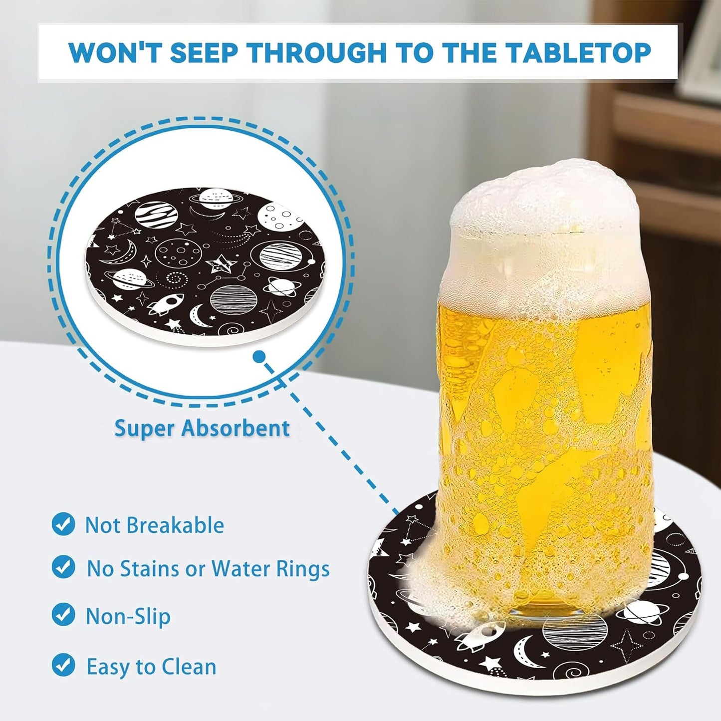 Drinks Coasters Set of 4, Cute Planets Rockets Round 4" Cup Coasters, Absorbent Ceramic Stone Coasters with Cork Base, Cute Coasters for Table Home Décor, Ideal Gifts for Women Men