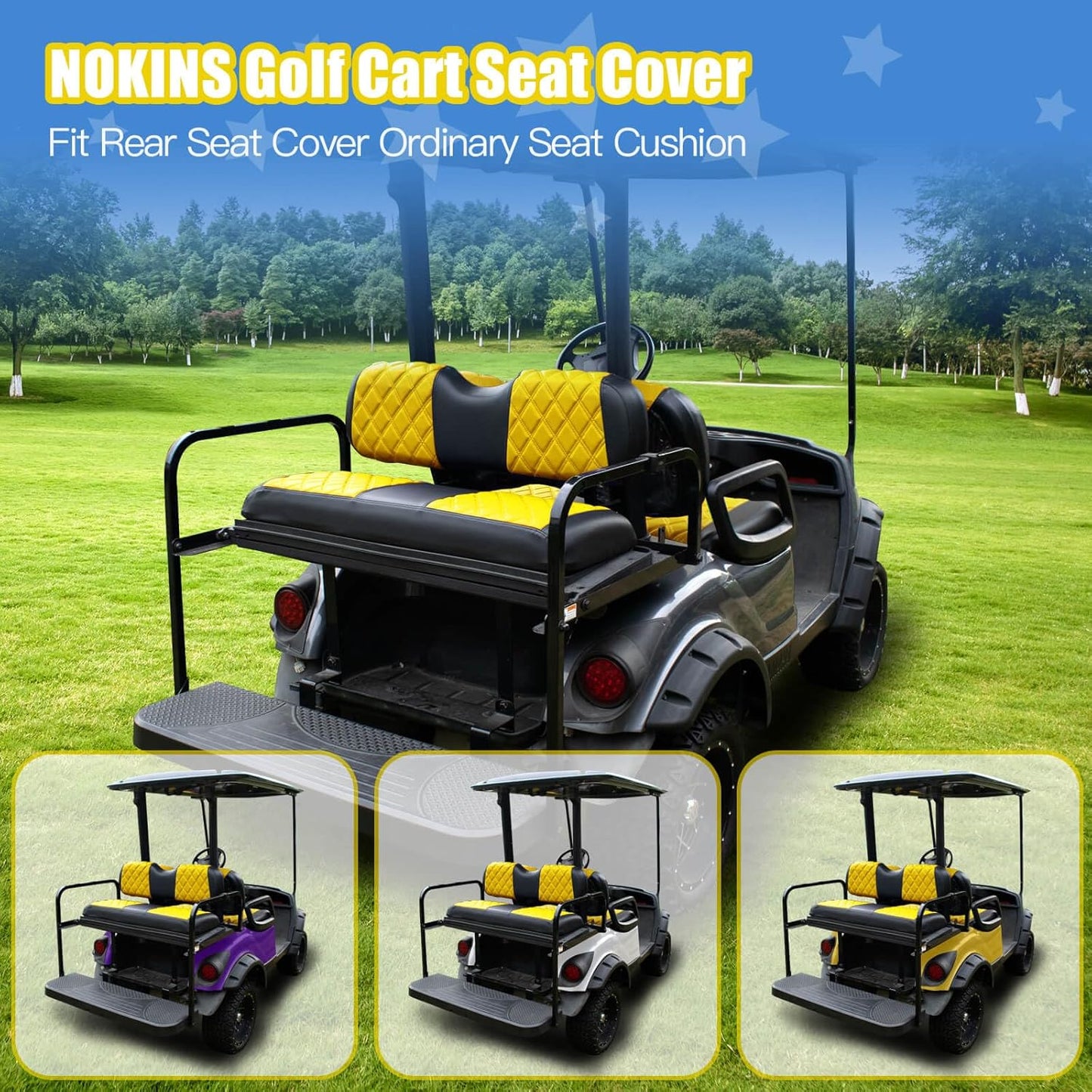 NOKINS Golf Cart Seat Covers Fit Club Car Precedent/DS/EZGO RXV/TXT/Yamaha Drive Aftermarket Standard Rear Seat Cushion, No Stapler, Multiple Colors&Breathable (Yellow&Black)