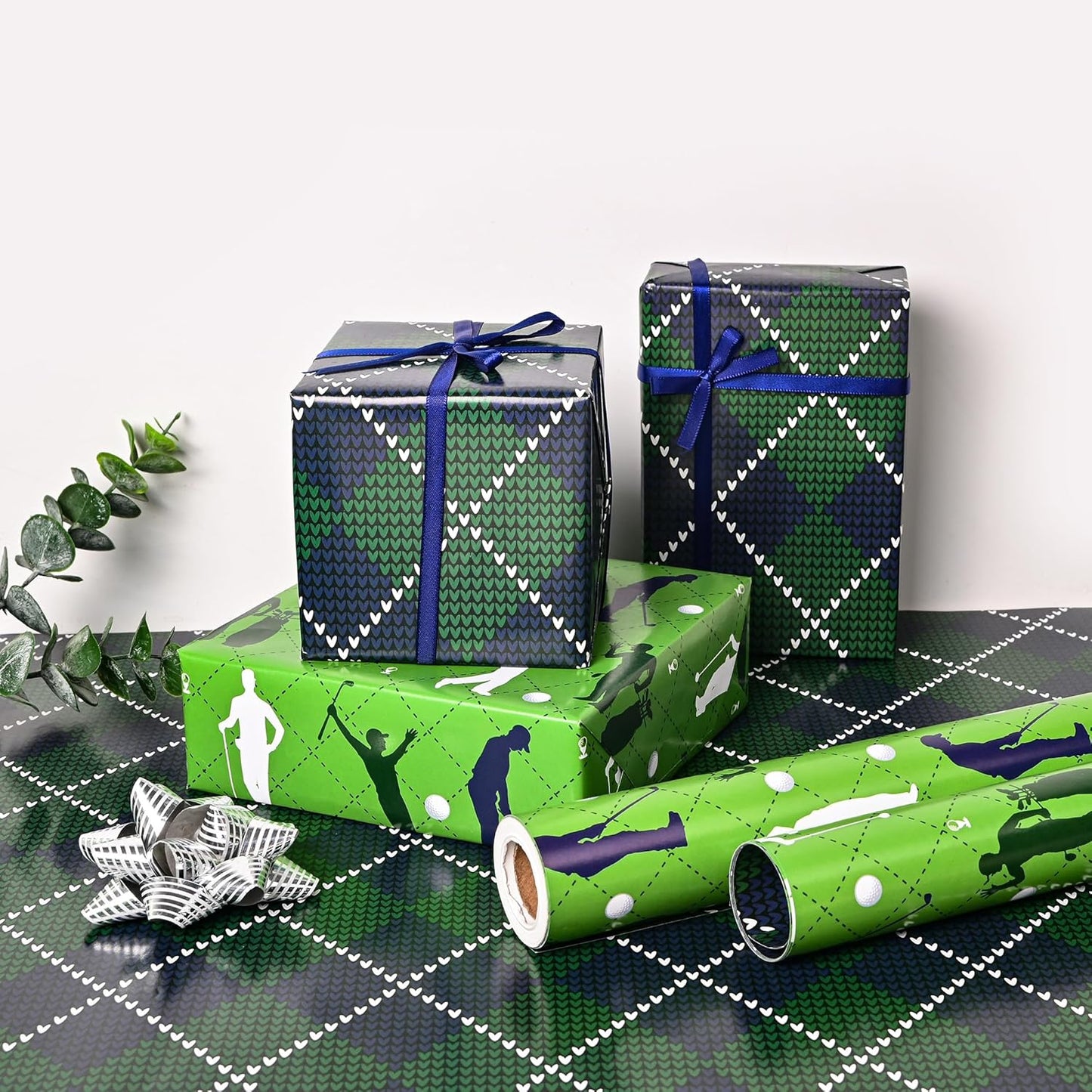 Altarho Golf Wrapping Paper Roll for Boys Women Men - Green Golf and Textile Print Plaid Design Sports Gift Wrap Sheets for Birthday Father's Day Team Party Supplies Total 28.5sq.ft