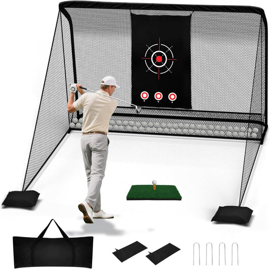 10x7ft Heavy-Duty Golf Practice Net with Hitting Mat & 2 Side Nets | Easy 10-Min Setup & Portable Bag | Low-Noise Impact Target for Backyard, Garage & Outdoor Driving & Chipping Practice