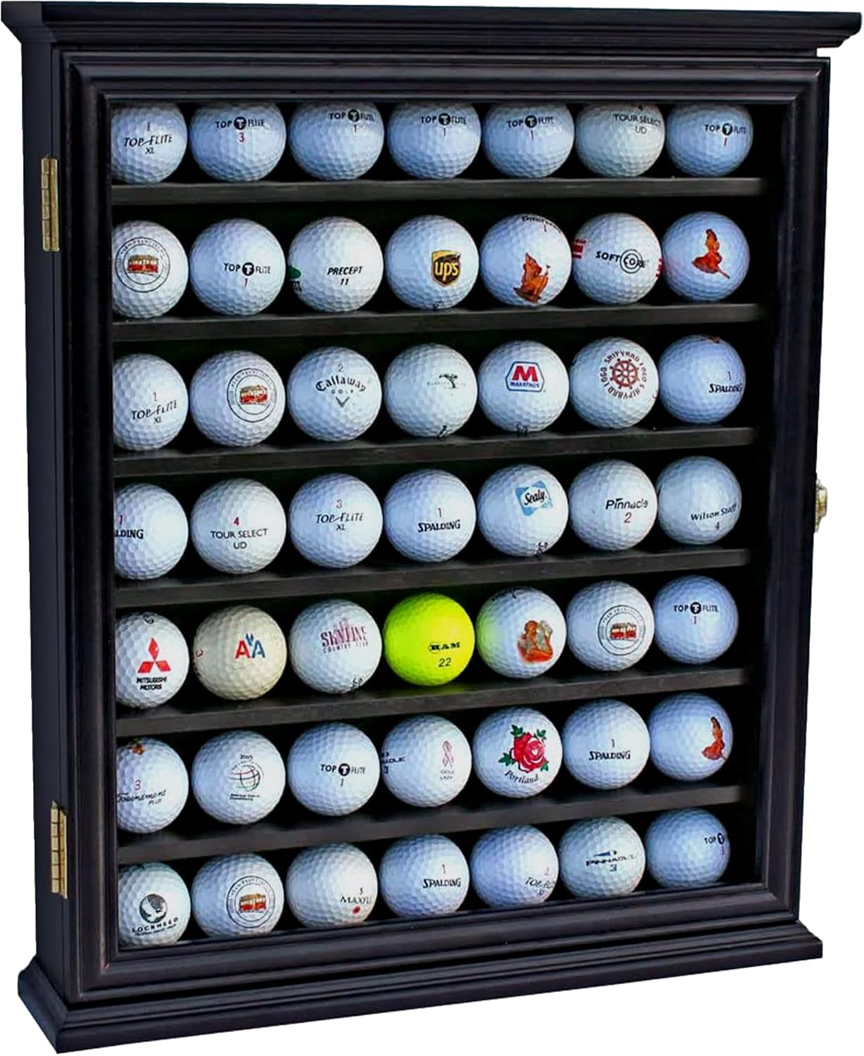 DisplayGifts 49 Golf Ball Display Case Cabinet Wall Rack Holder Solid Wood Frame with 98% UV Protection Lockable Real Glass Door, Great Golfer's Gift