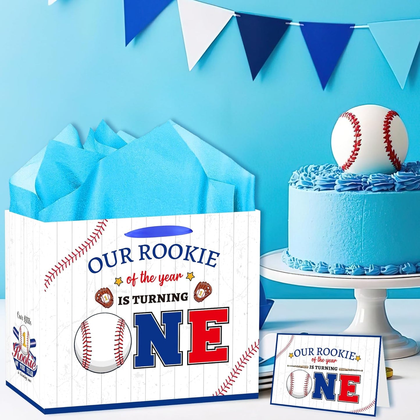EoBeCy Baseball First Birthday Gift Bag with Tissue Paper and Greeting Card, Rookie of The Year Wrapping Paper, Large Sports Gift Bag for Boys Kids One Year Old Birthday Party Favors