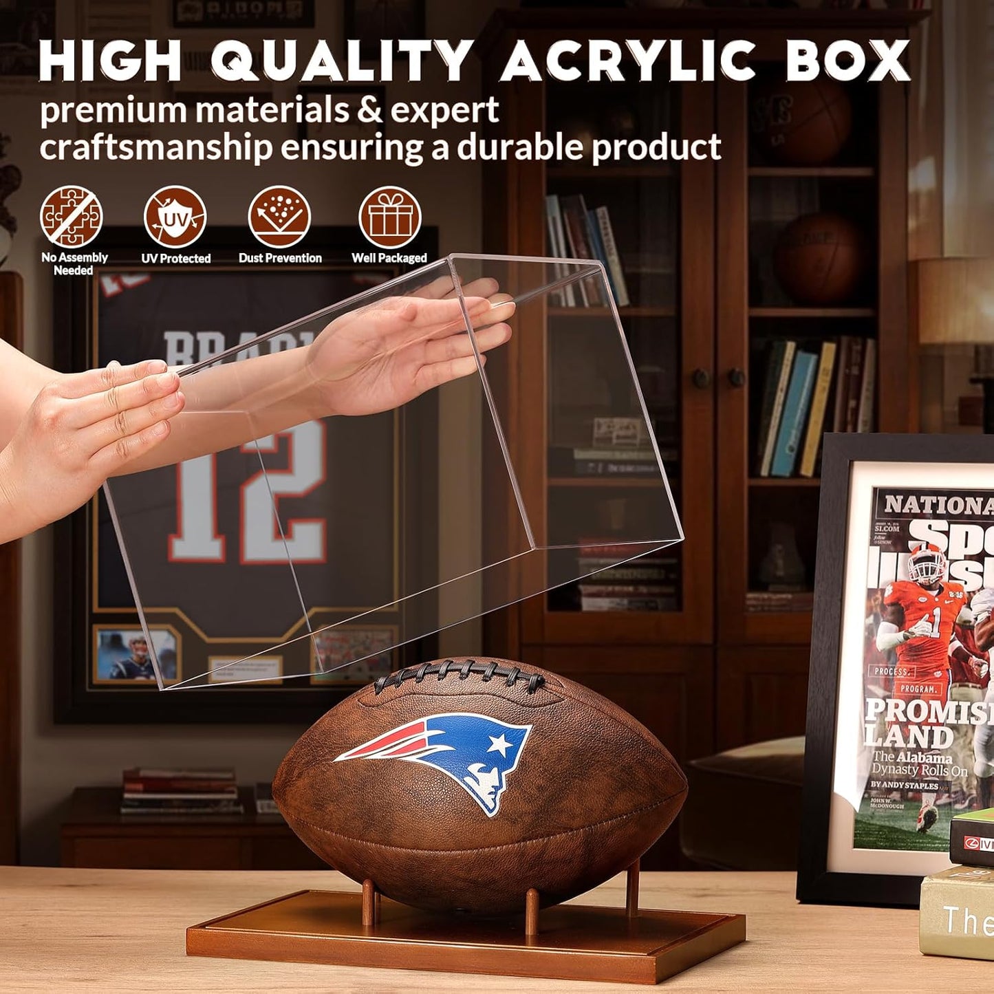 JupDec Football Display Case Full Size, Acrylic Clear Box with Wood Stand, UV Protected Memorabilia Holder, for Football Fans & Collectors, Sports Collectibles, No Assembly Required