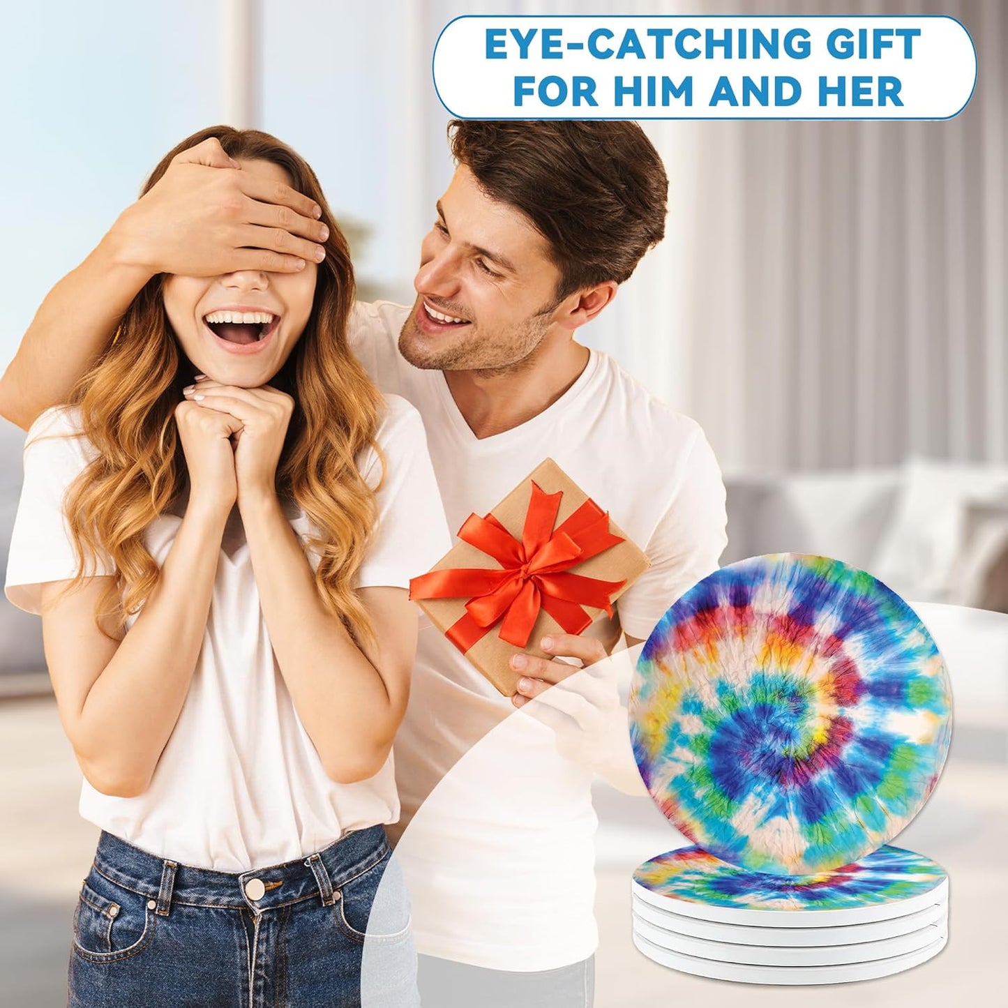 Drinks Coasters Set of 4, Rainbow Tie-Dye Round 4" Cup Coasters, Absorbent Ceramic Stone Coasters with Cork Base, Cute Coasters for Table Home Décor, Ideal Gifts for Women Men