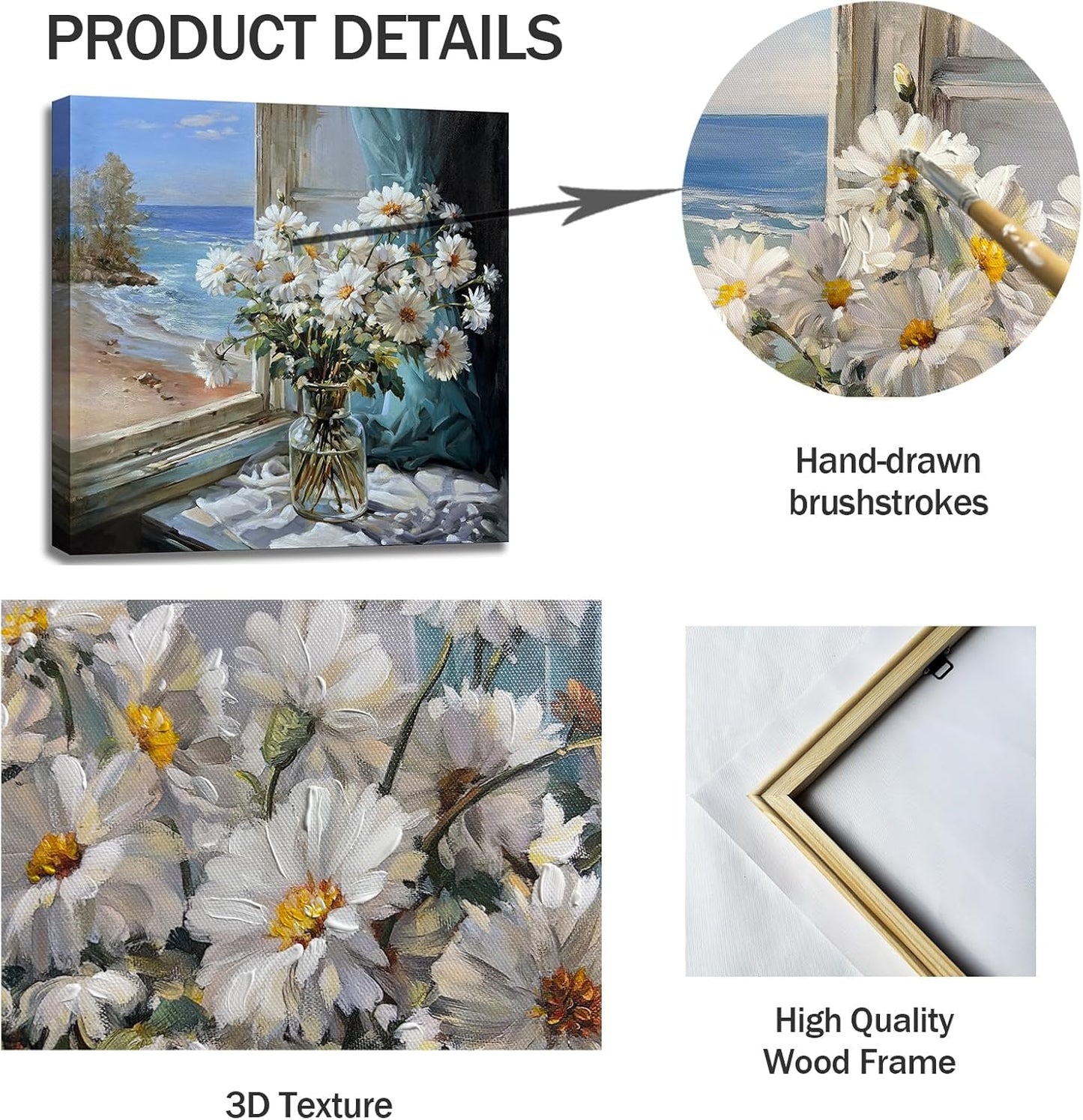 Bathroom Wall Decor White Flowers Canvas Wall Art Print Blue Beach Picture Ocean Modern Poster Coastal Seascape Painting Floral Daisy Artwork for Office Bedroom 14"x14"