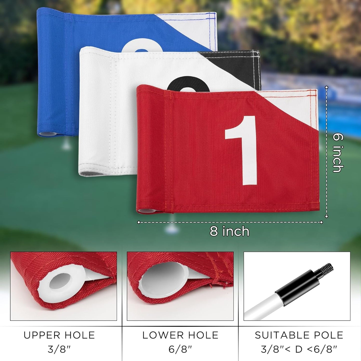 KINGTOP Numbered Golf Flag 8x6 Inch – Premium Dual-layer 420D Nylon, Double Sided Printing, Tube Inserted – Mini Practice Putting Green Flags for Yard, Mixed Color #1-3