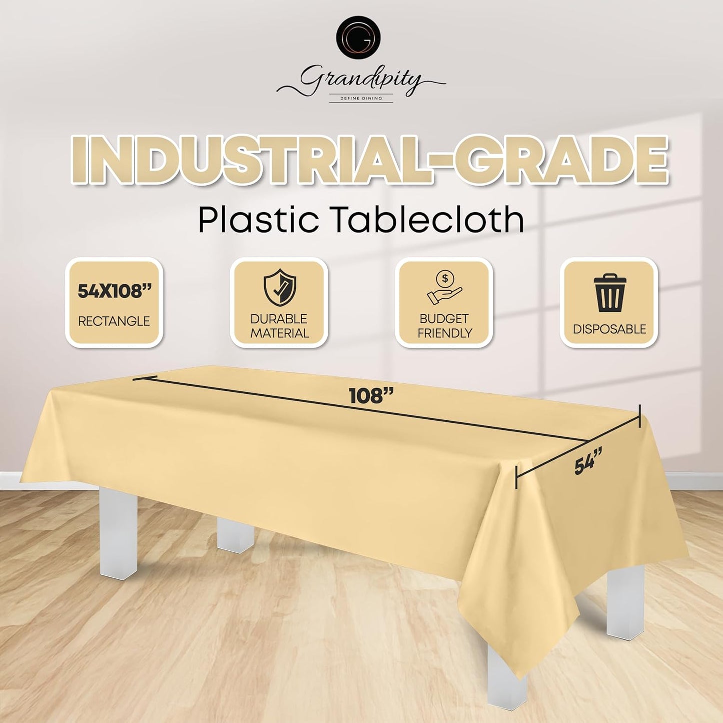 Grandipity 12 Pack Premium Disposable Plastic Tablecloth 54 Inch. x 108 Inch. Decorative Rectangle Table Cover - Ivory