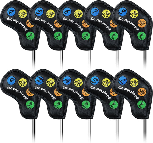 Craftsman Golf 10pcs Funny Eat Sleep Golf Magnetic Closure Classic Black Synthetic Leather Iron Headcover Covers Set Travel Cases Protector