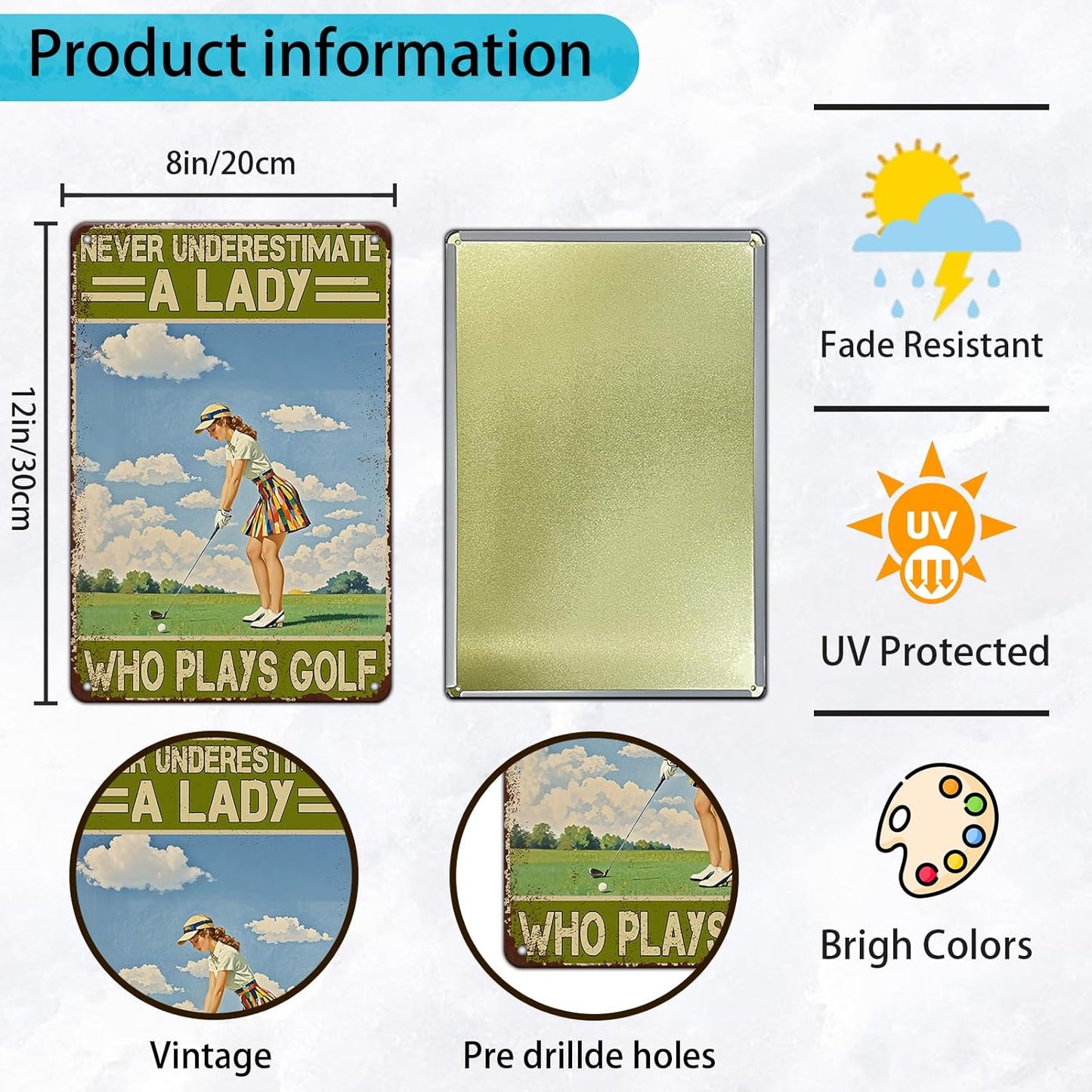 Golf Vintage Tin Sign Metal Sign Never Underestimate A Lady Who Plays Golf Iron Painting Vintage Wall Decoration Poster For Home Club Man Cave Sign 8x12 Inch