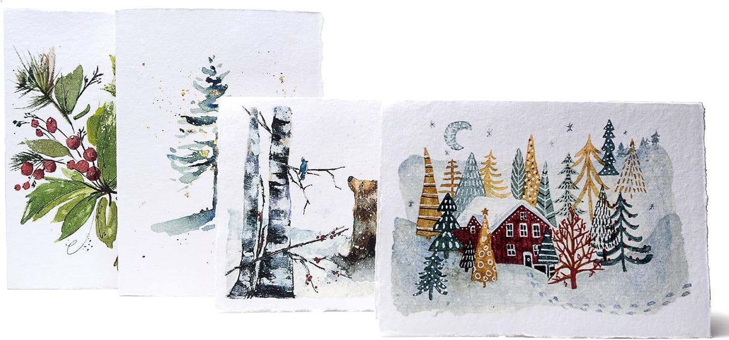 WANDERINGS Handmade Deckle Edge Blank Greeting Cards & Envelopes with Winter Art - Thick 300gsm paper– 20 Cards (5 Each of 4 Varieties) for Invitations, Thank Yous, Christmas and Birthday Cards –5x7