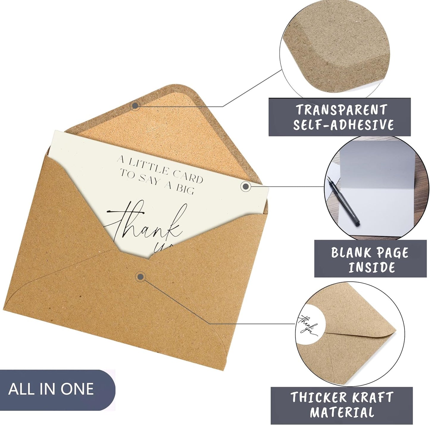 100 Bulk Thank You Cards with Kraft Envelopes and Stickers - 4 Minimalistic Designs Blank Thank You Notes with Envelopes and Heart for Business Wedding Bridal Gift Baby Shower Business Graduation