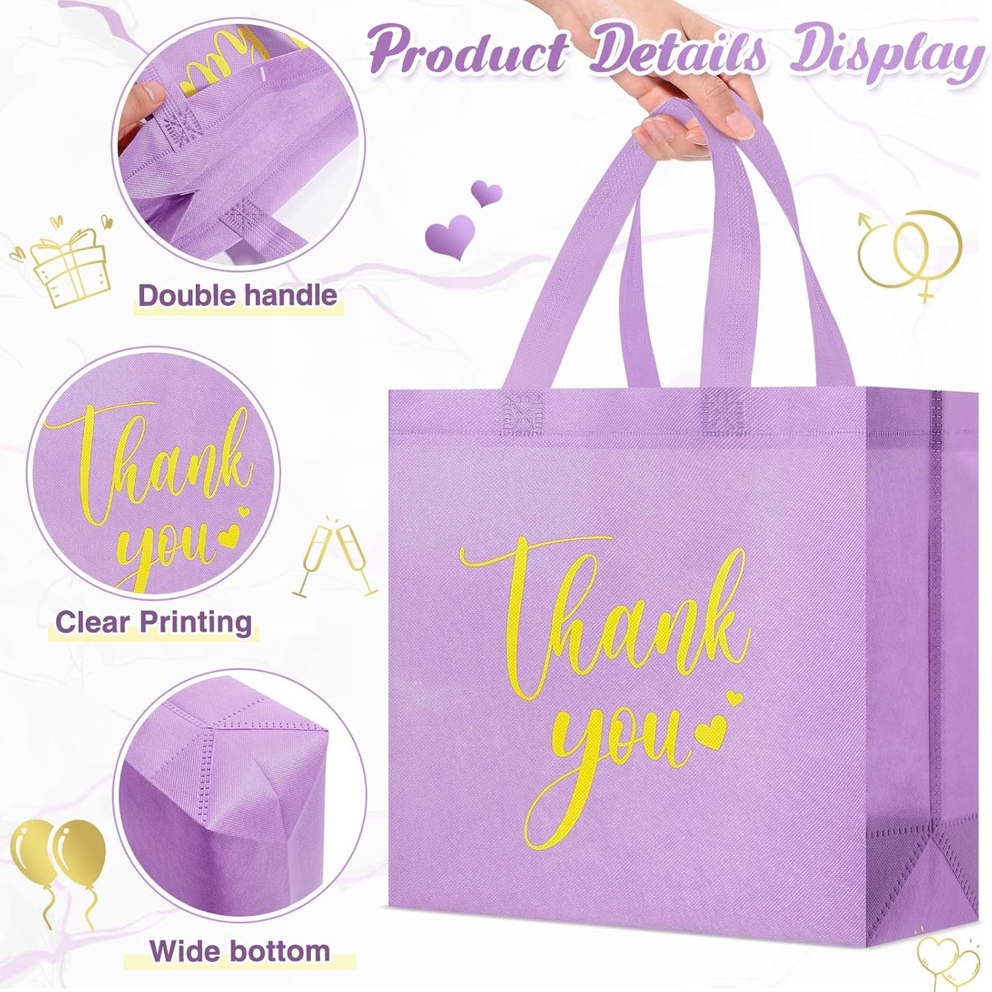 Sweetude 30 Pcs Thank You Gift Bags with Handles Bulk Reusable Goodie Bag Non Woven Foldable Handbag for Graduation Wedding Bridesmaid Gifts(11 x 12 x 5 Inch,Purple)