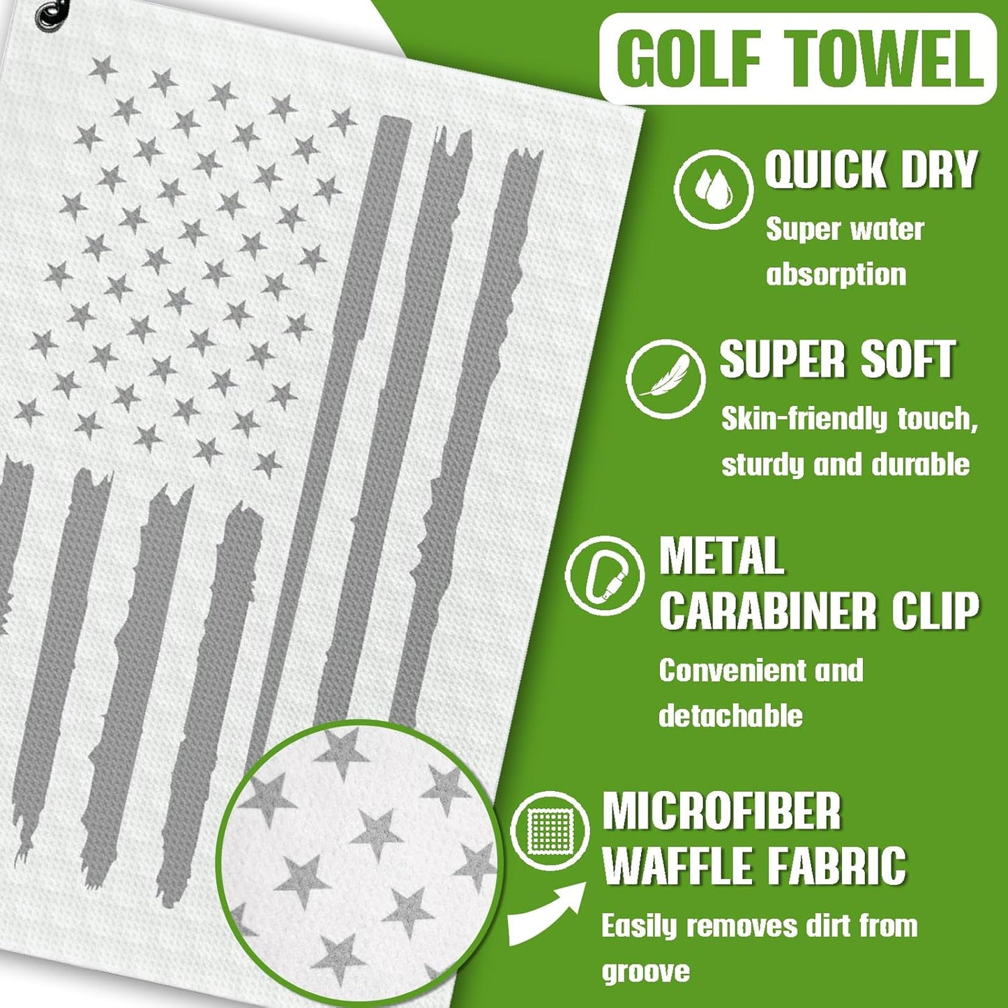 American Flag Microfiber Waffle Golf Towel with Clip, Golf Cleaning Kit, Funny Golf Accessories for Golfers