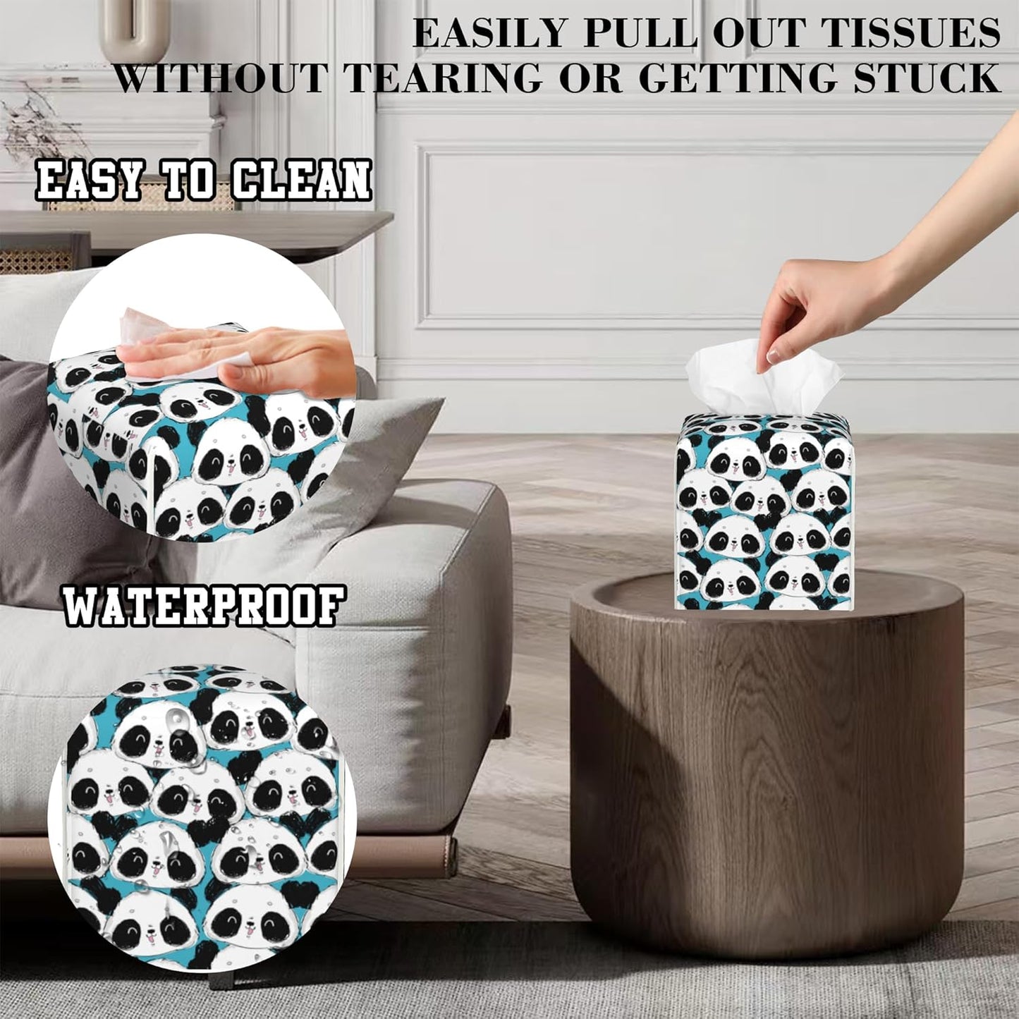 Cute Panda Tissue Box Cover Square, Tissue Box Holder Leather Facial Paper Case Decorative Organizer Holder Dispenser Home Office Car Decor