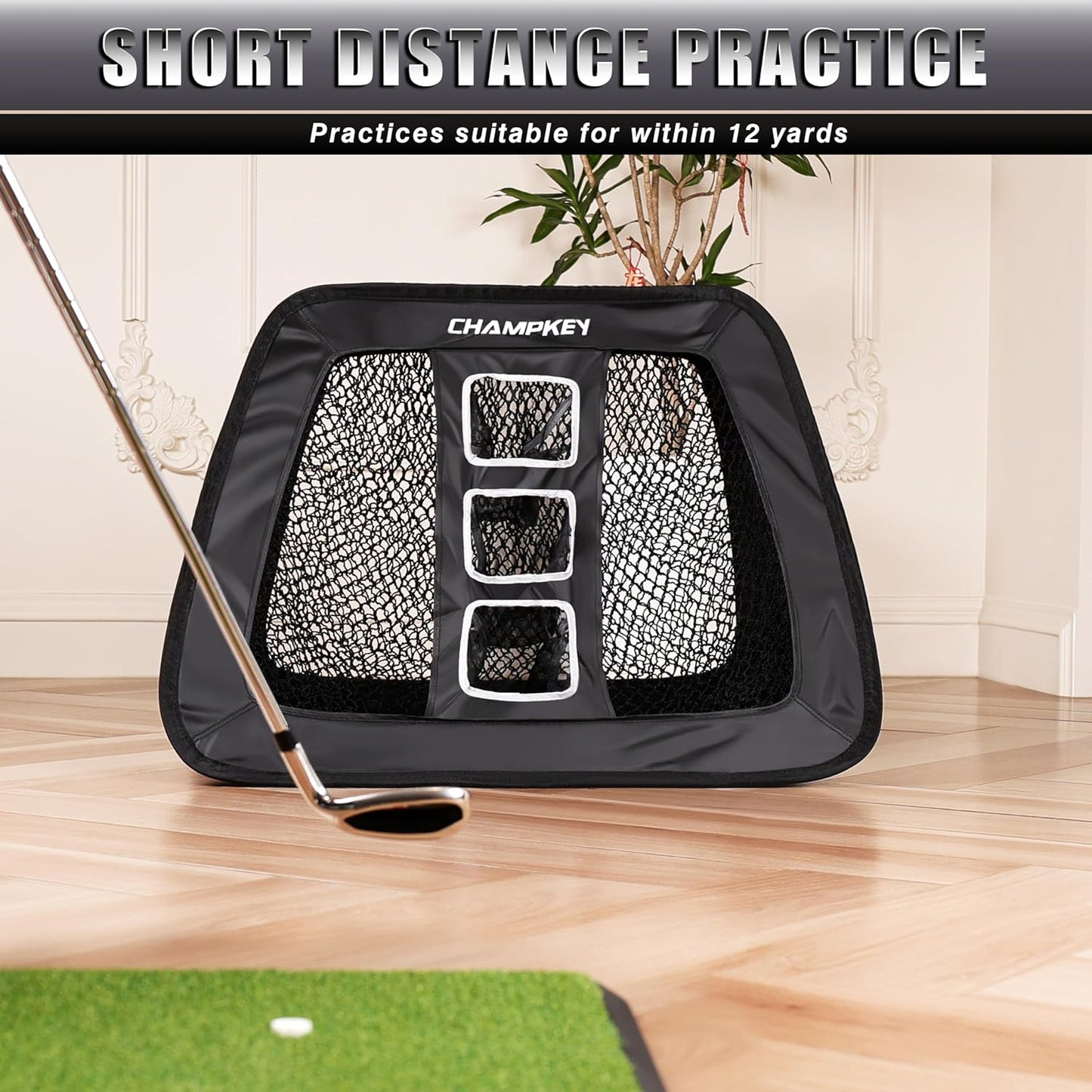 CHAMPKEY Double -Sided Golf Chipping Net with Mat and 12 Foam Balls - Professional Golf Practice Net Ideal for Indoor and Outdoor Training