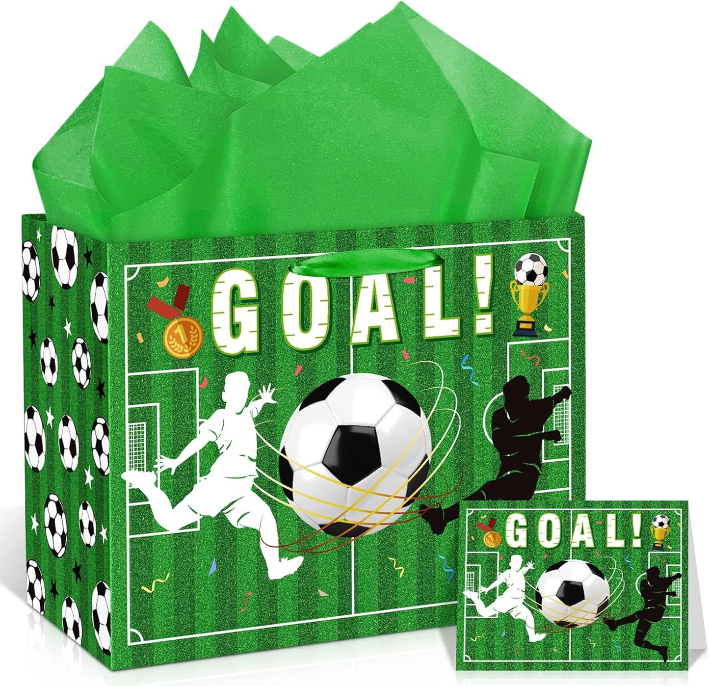 Soccer Gift Bag Large Green Soccer Gift Wrapping Bag with Tissue Paper Goal Greeting Card Decorations for Sports Party Favor Ball Team Birthday Goodie Gifts Treat Wrap Bags for Boys Men Supplies