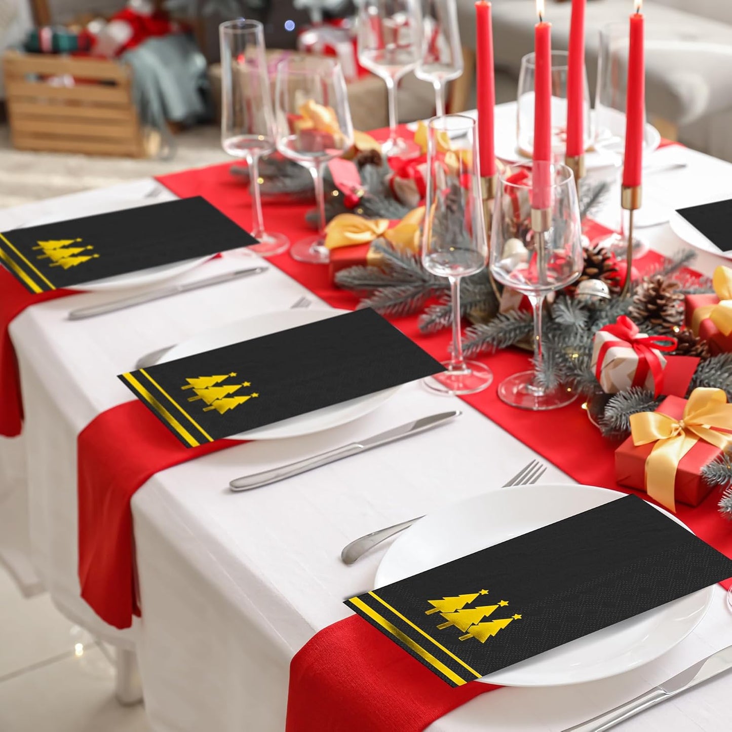 100 Pieces Christmas Napkins Disposable Christmas Gold Paper Napkins 7.8 x 4.3 Inch Decorative Guest Party Napkin Black Gold Foil Xmas Tree Hand Towels for Winter Party Wedding Birthday