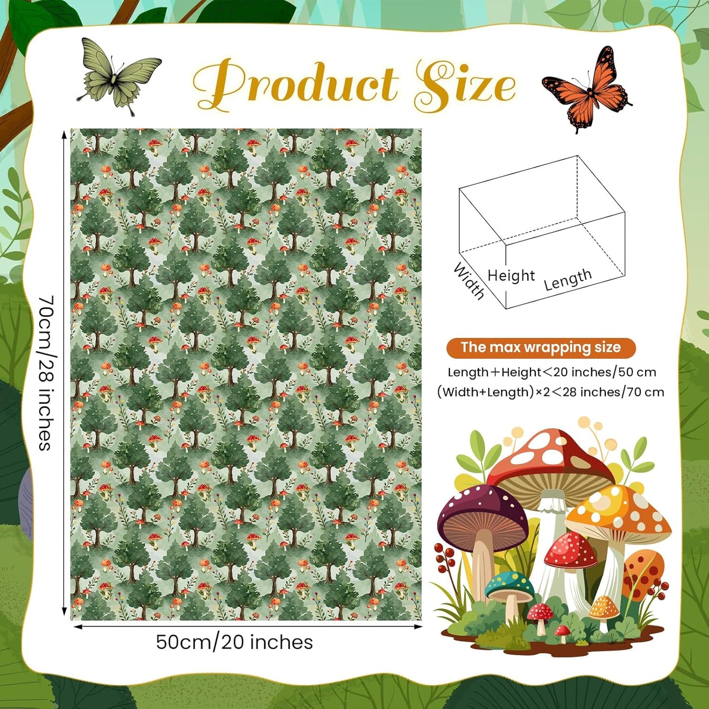 Pineraap Mushroom Wrapping Paper 12 Sheets Forest Woodland Gift Wrap for Nature Lovers,Birthday,Baby Shower,20"×28"