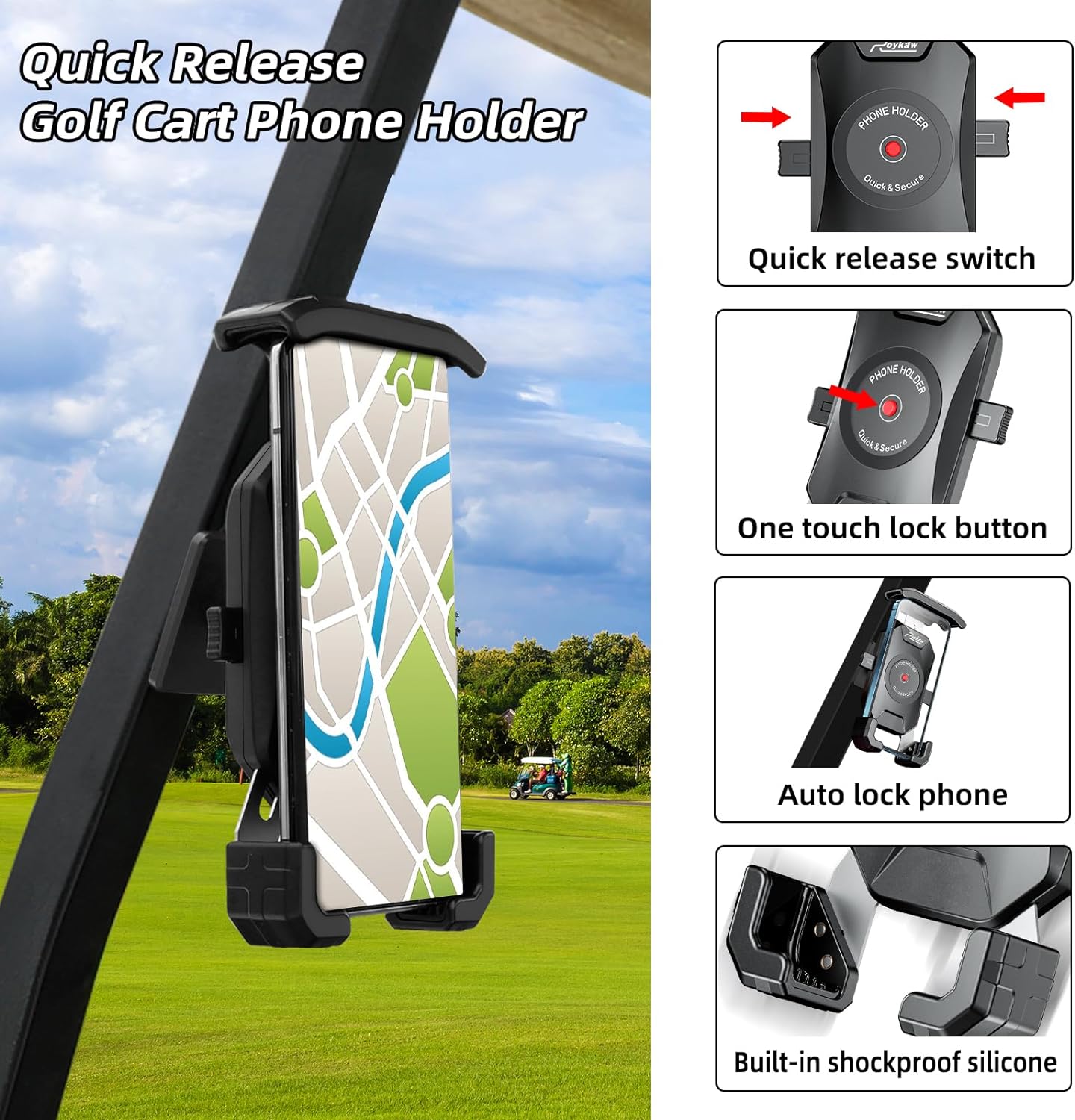 Roykaw Golf Cart Magnetic Phone Holder Mount Compatible with EZGO/Club Car/Yamaha, Compatible with iPhone/Galaxy/Google Pixel, Ultra Strength Magnet/360° Rotatable/One-Handed Pick & Place