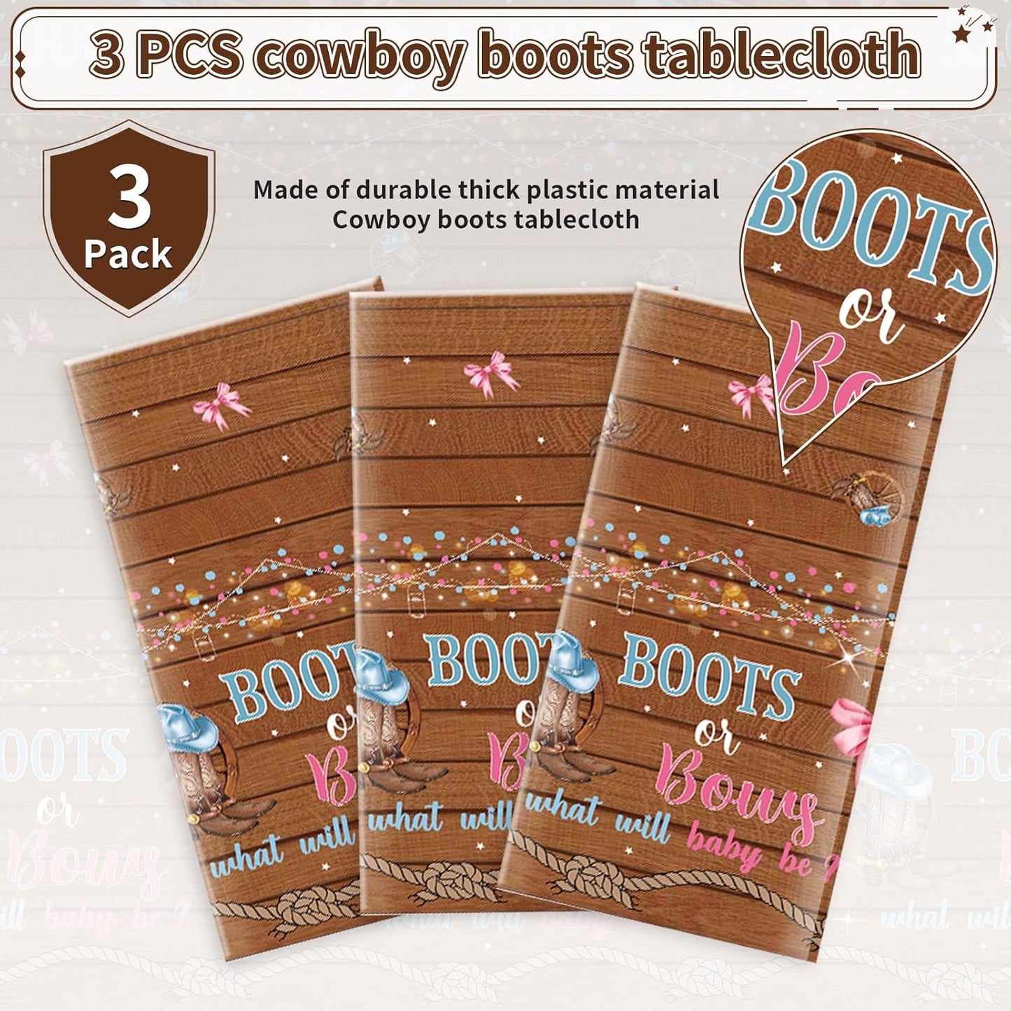 3Pcs Boots or Bows Gender Reveal Tablecloth What Will Baby Be He or She Table Cover Plastic Rectangle Blue or Pink Table Cloth for Western Cowgirl Cowboys Gender Reveal Party Supplies 54" x 108"