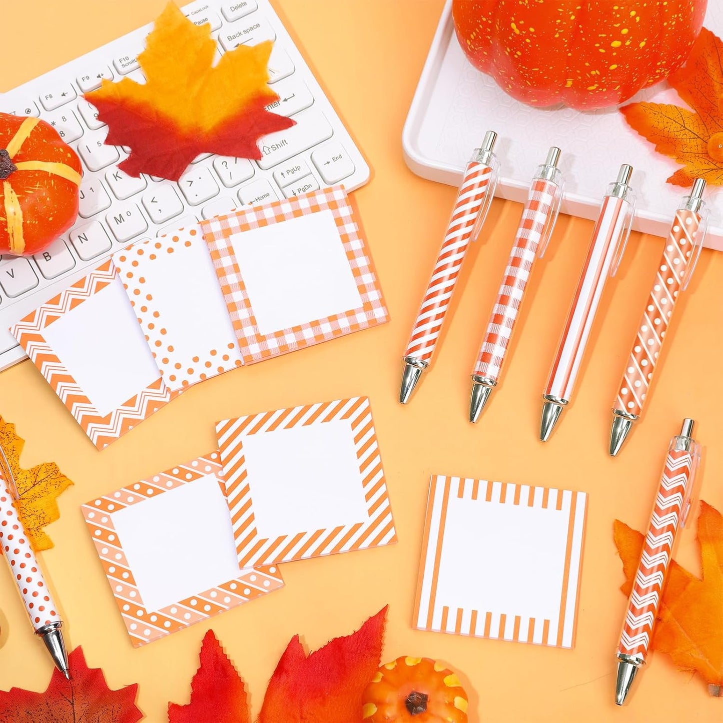 48 pcs Fall Stationery Set Orange-White Autumn Plaid Polka Dot Wave Line Sticky Note Pads with Ballpoint Writing Pens for Autumn Harvest Thanksgiving Party Favors Supplies