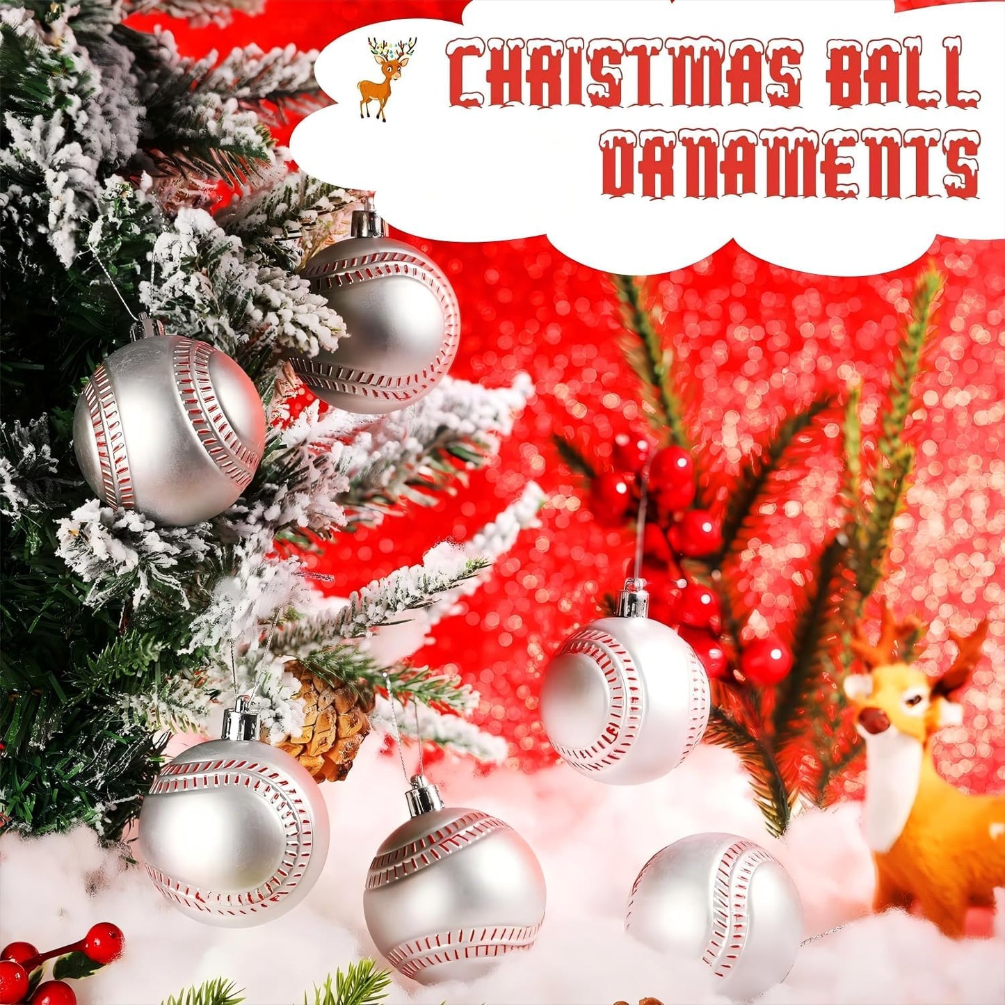 Leitee 12 Pcs Christmas Plastic Baseball 2.36 Inch Xmas Tree Ornaments with Hanging Loop Sports Theme Decorative Hanging Ornaments for Holiday Party Christmas Tree Home