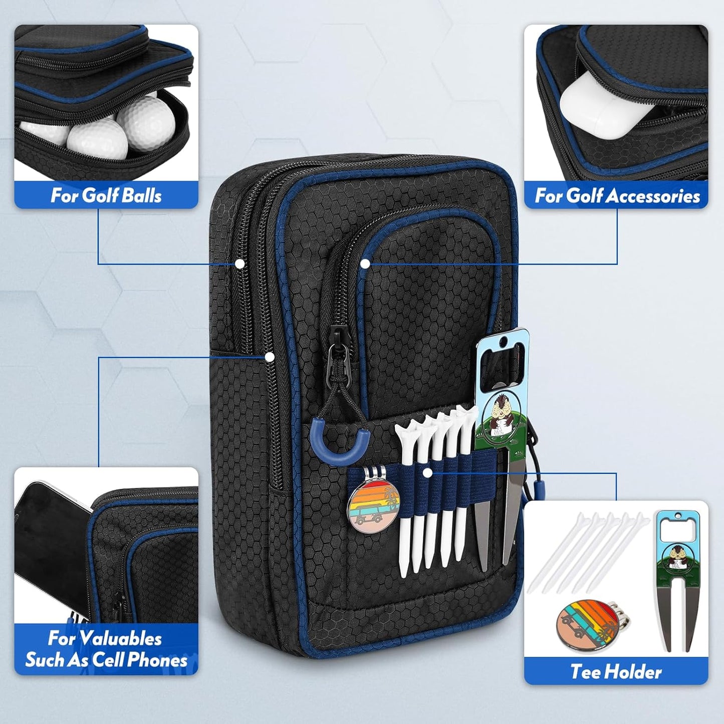 mytag Golf Ball Bag Pouch | Store 12-15 Balls, Golf Valuables Pouch Portable Outfit Organizer Bag Organizer Case Multipocket (Blue/Black)