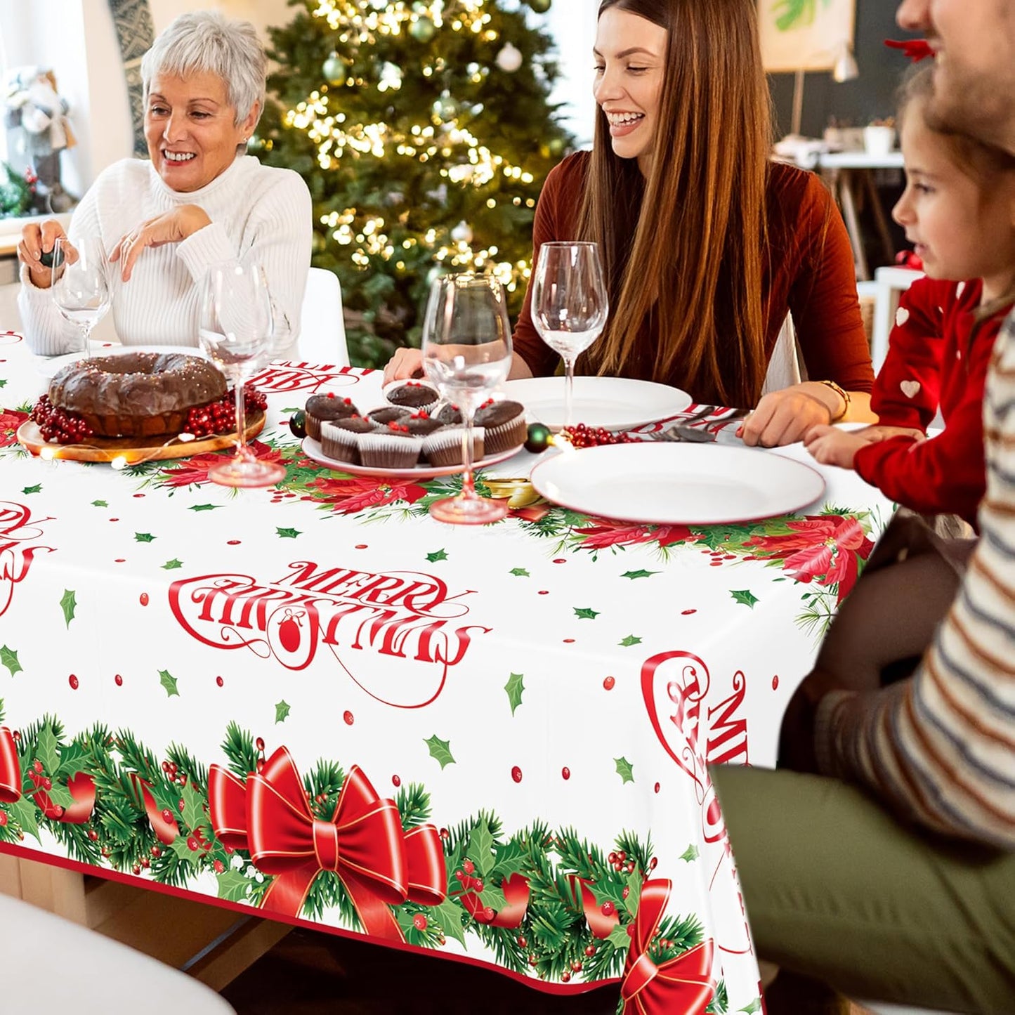 QZYL 4 Pack Christmas Table Cloths, 54" x 108" Xmas Decorations, Poinsettia Bow Design Christmas Plastic Tablecloth Holiday Disposable Tablecover, Holiday Party Decor Xmas Table Decor