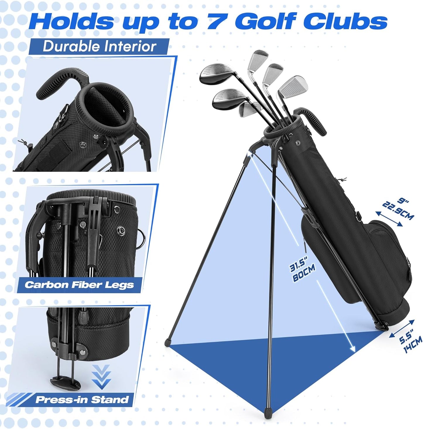 Golf Stand Bag Fit Up to 7 Clubs, Compact Design for Par 3 Courses and Driving Range, Lightweight Pitch and Putt Golf Bag, with Padded Double Strap, Rain Cover, Accessory Pockets