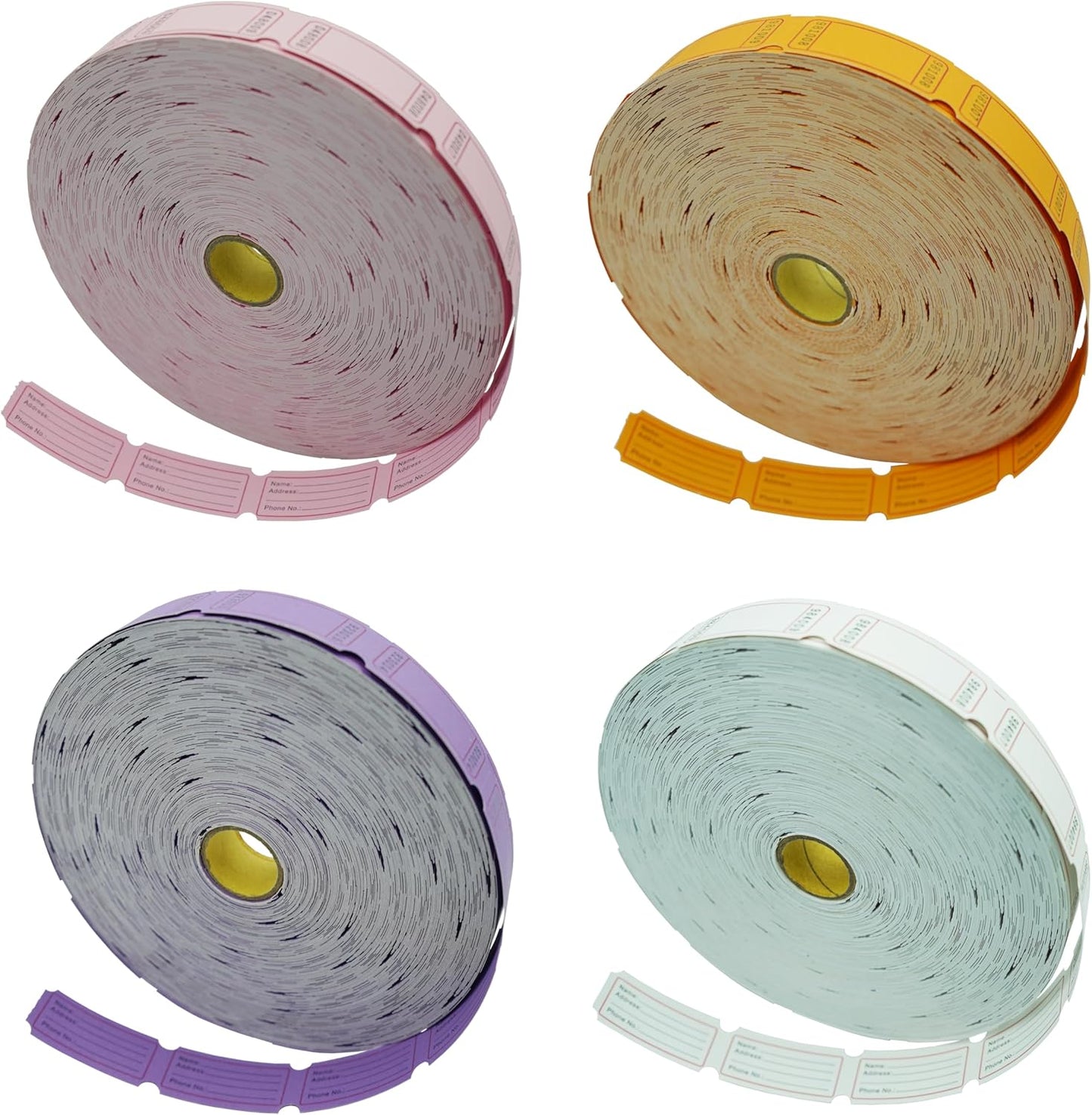 DNB 8000 Pcs Raffle Tickets - 4 Color Set of 2000 Pcs 2 x 1 Inch Single Roll Consecutively Numbered Blank Tickets - Purple/Pink/White/Orange